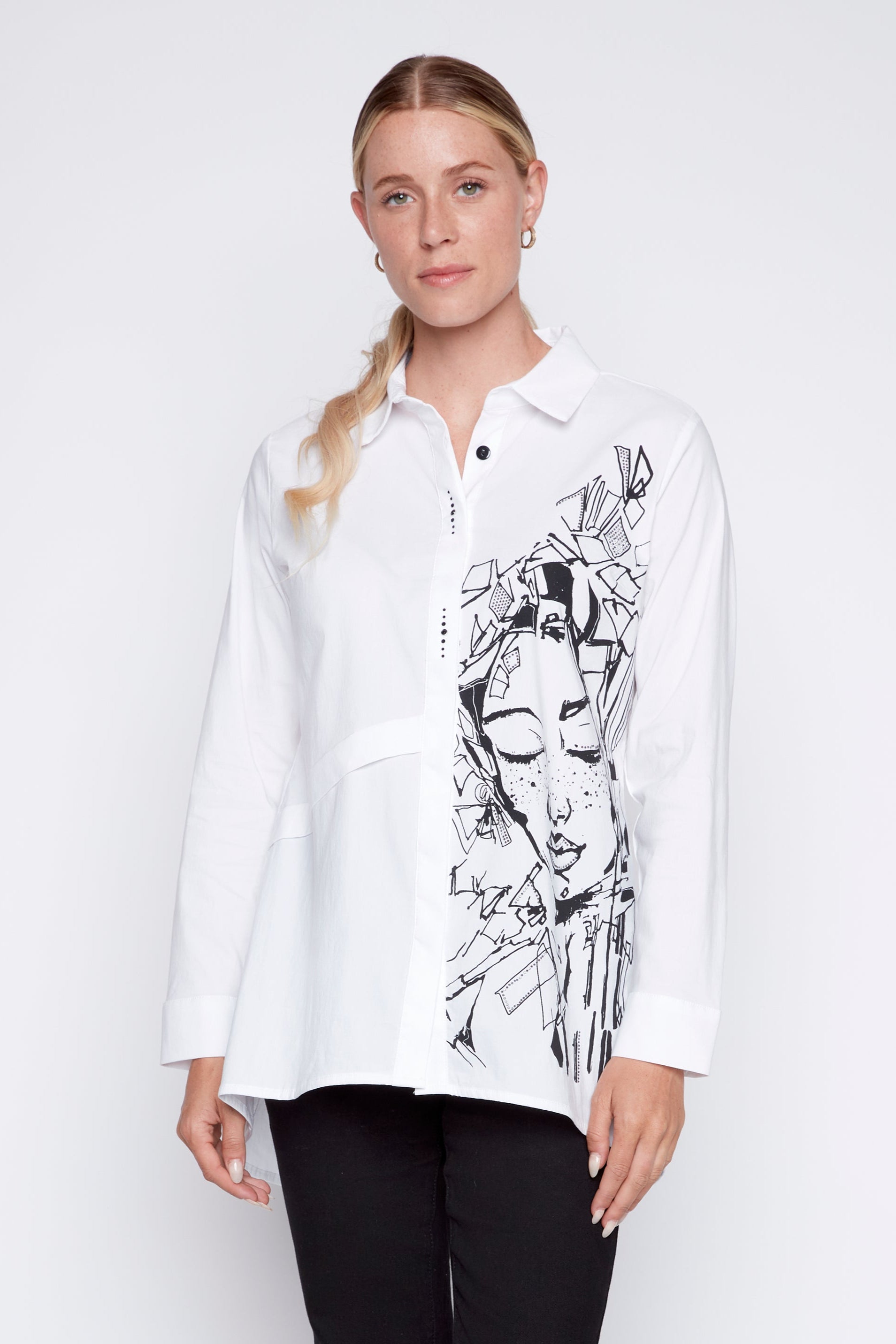 Portrait print hi-lo shirt