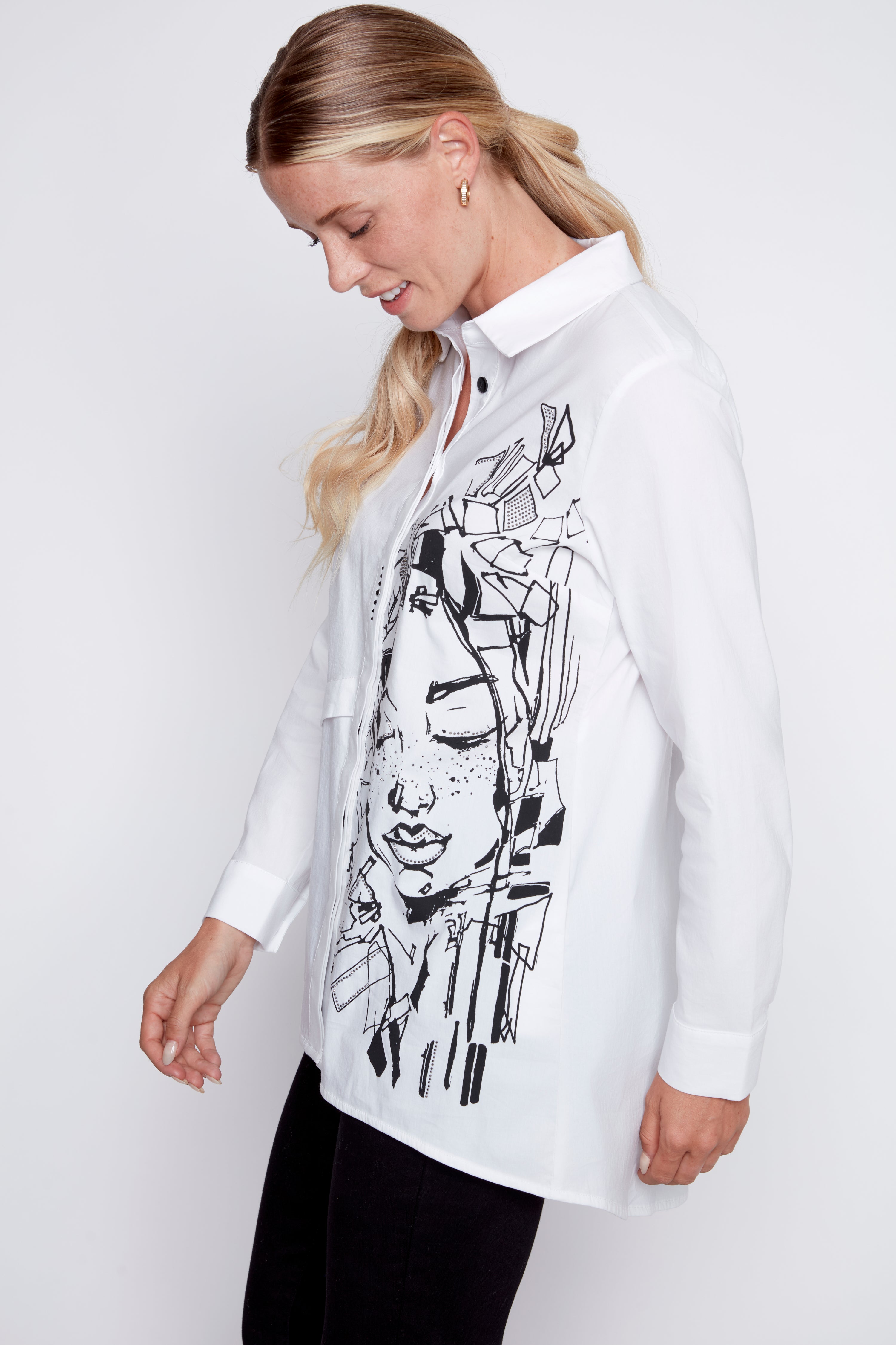 Portrait print hi-lo shirt