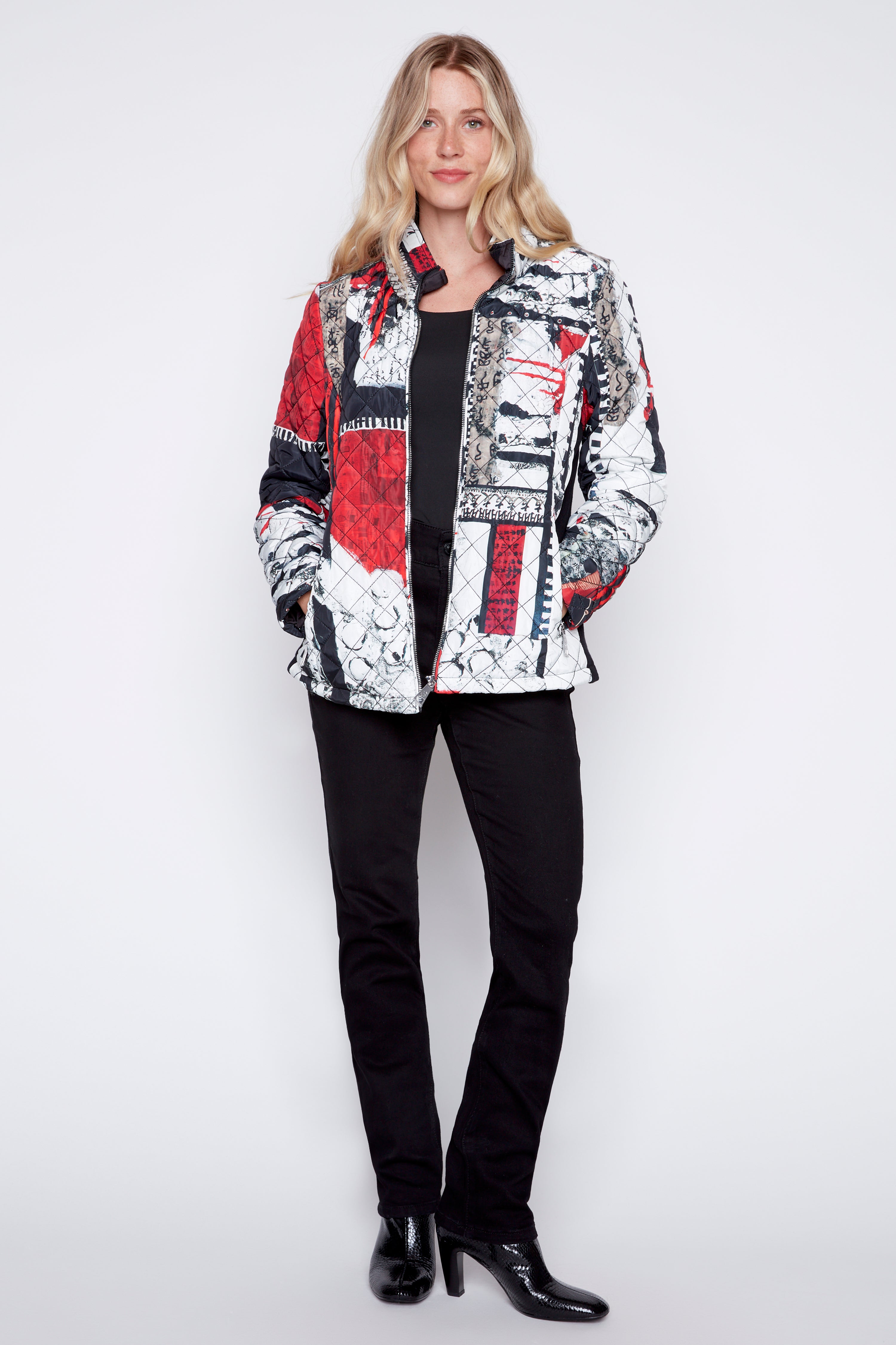 Abstract print diamond quilt jacket
