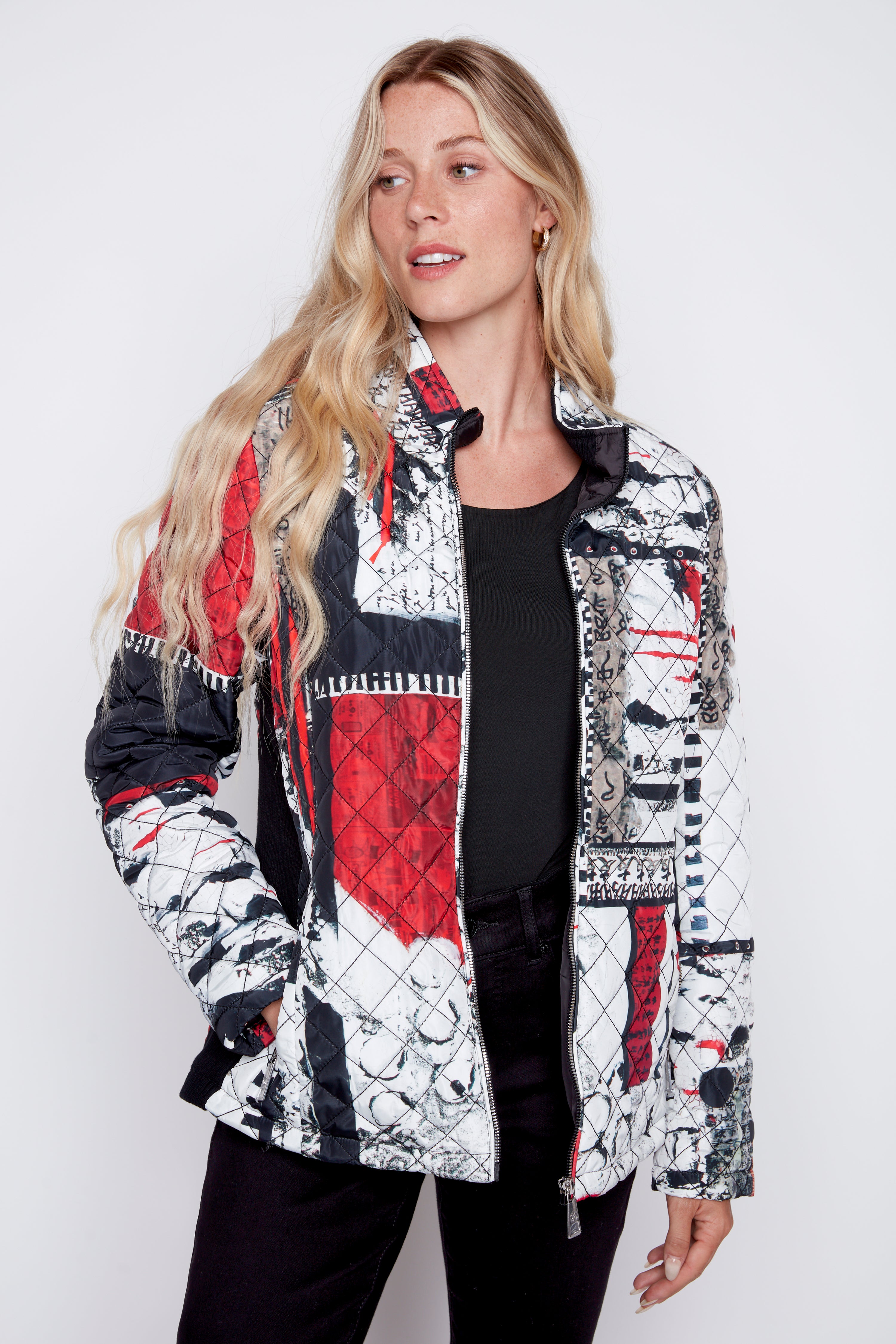 Abstract print diamond quilt jacket
