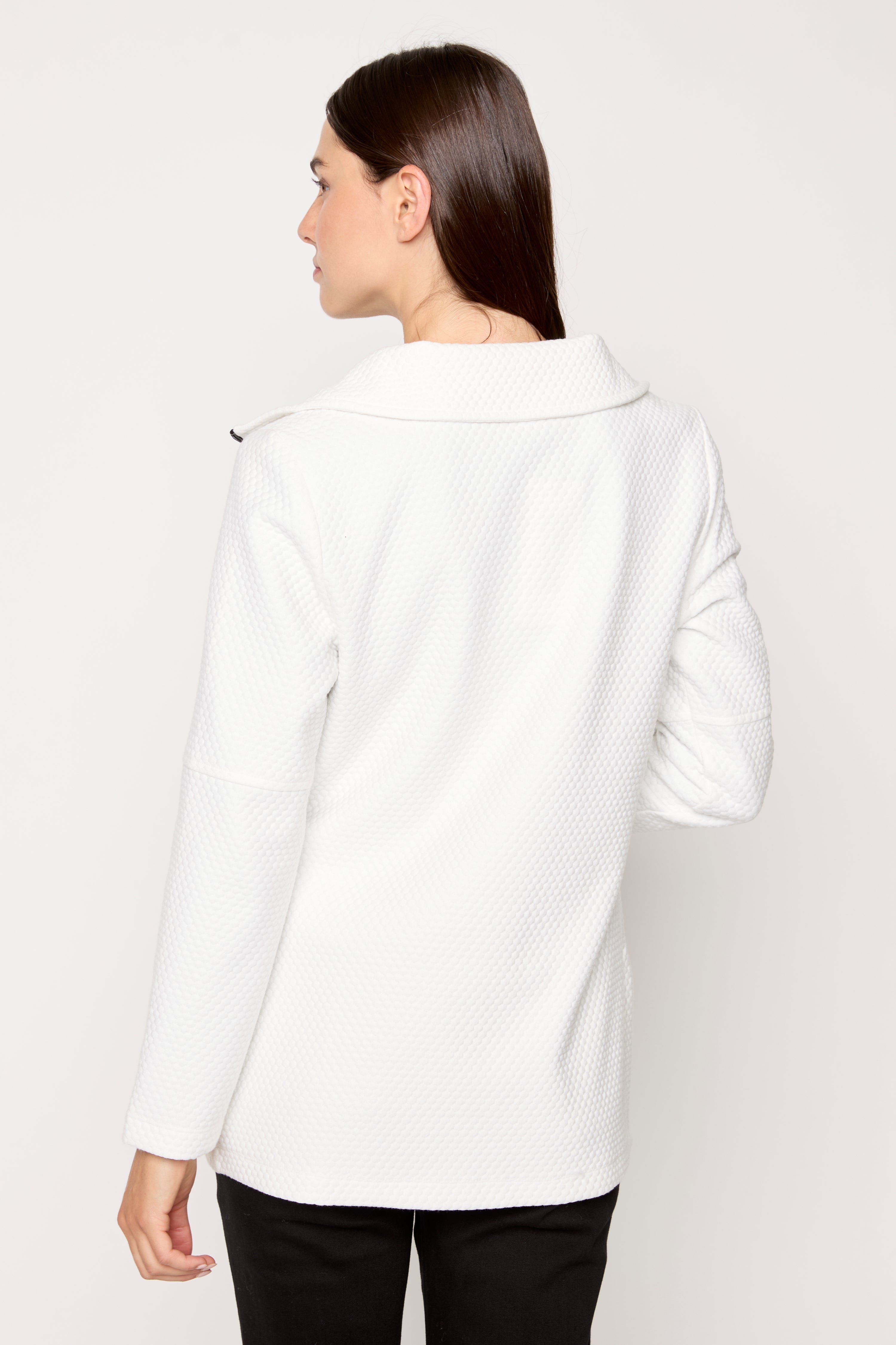 Dolcezza jacquard knit zip front jacket in white - back view