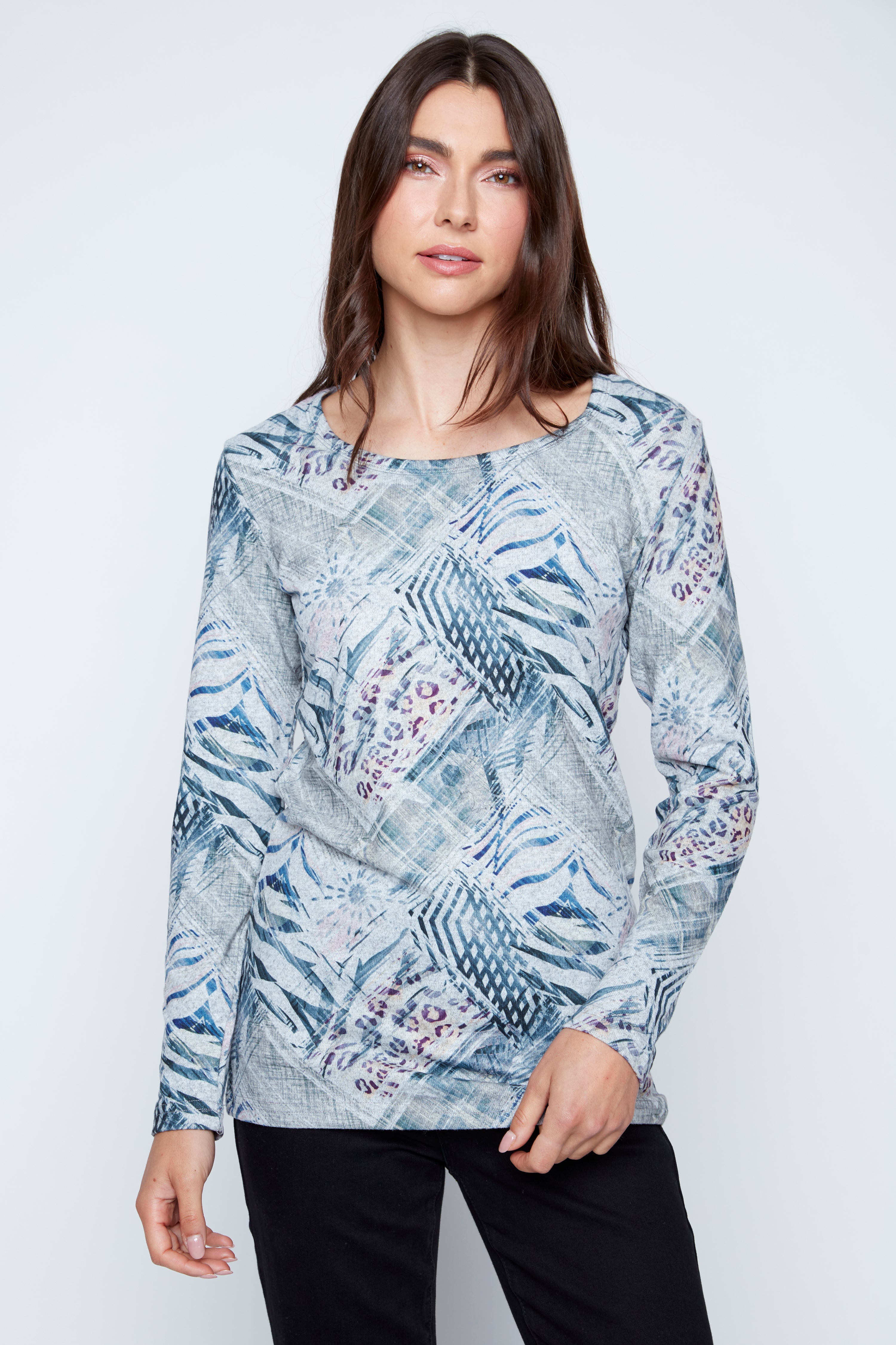 Abstract squares print knit top