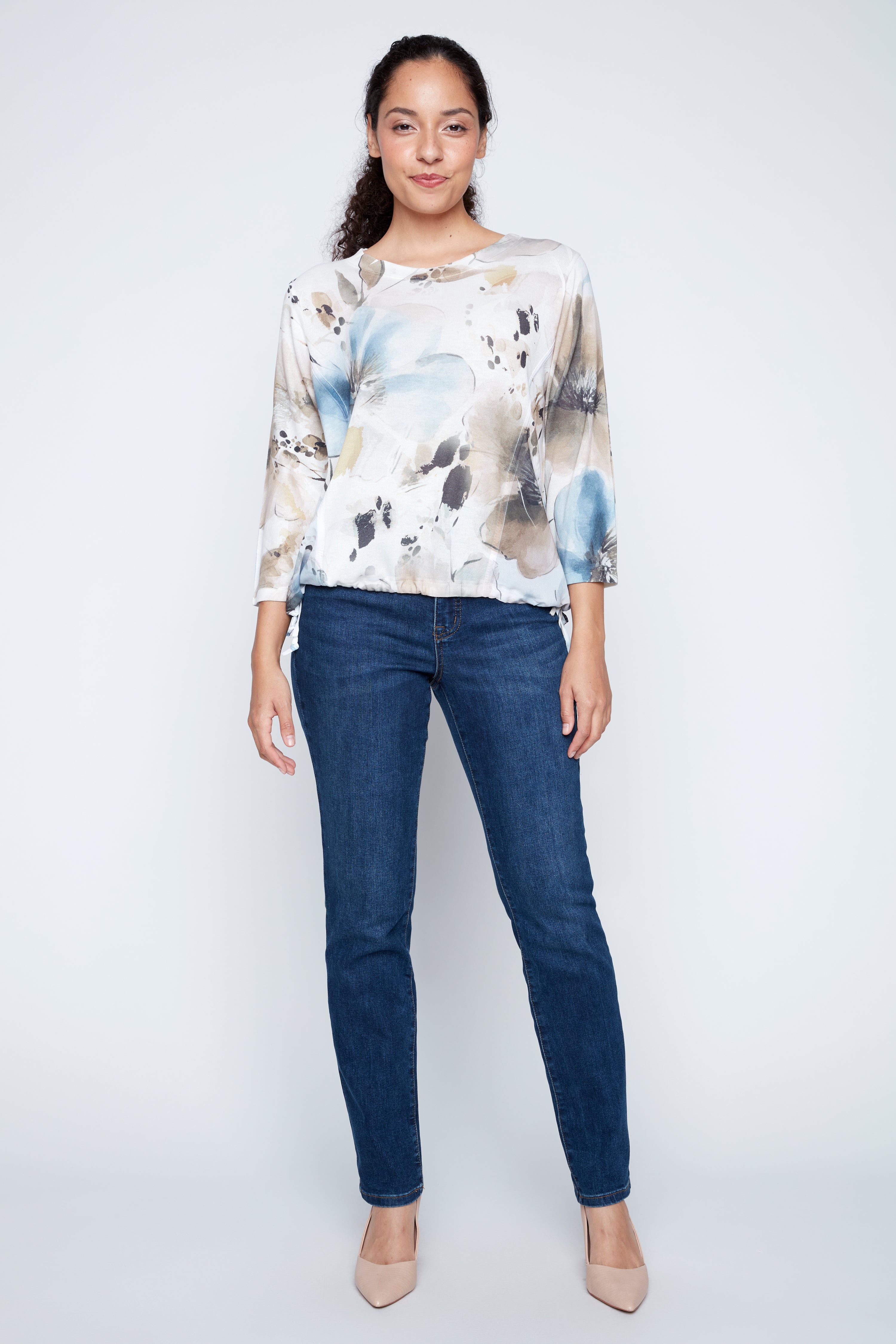 Floral print chiffon trim top
