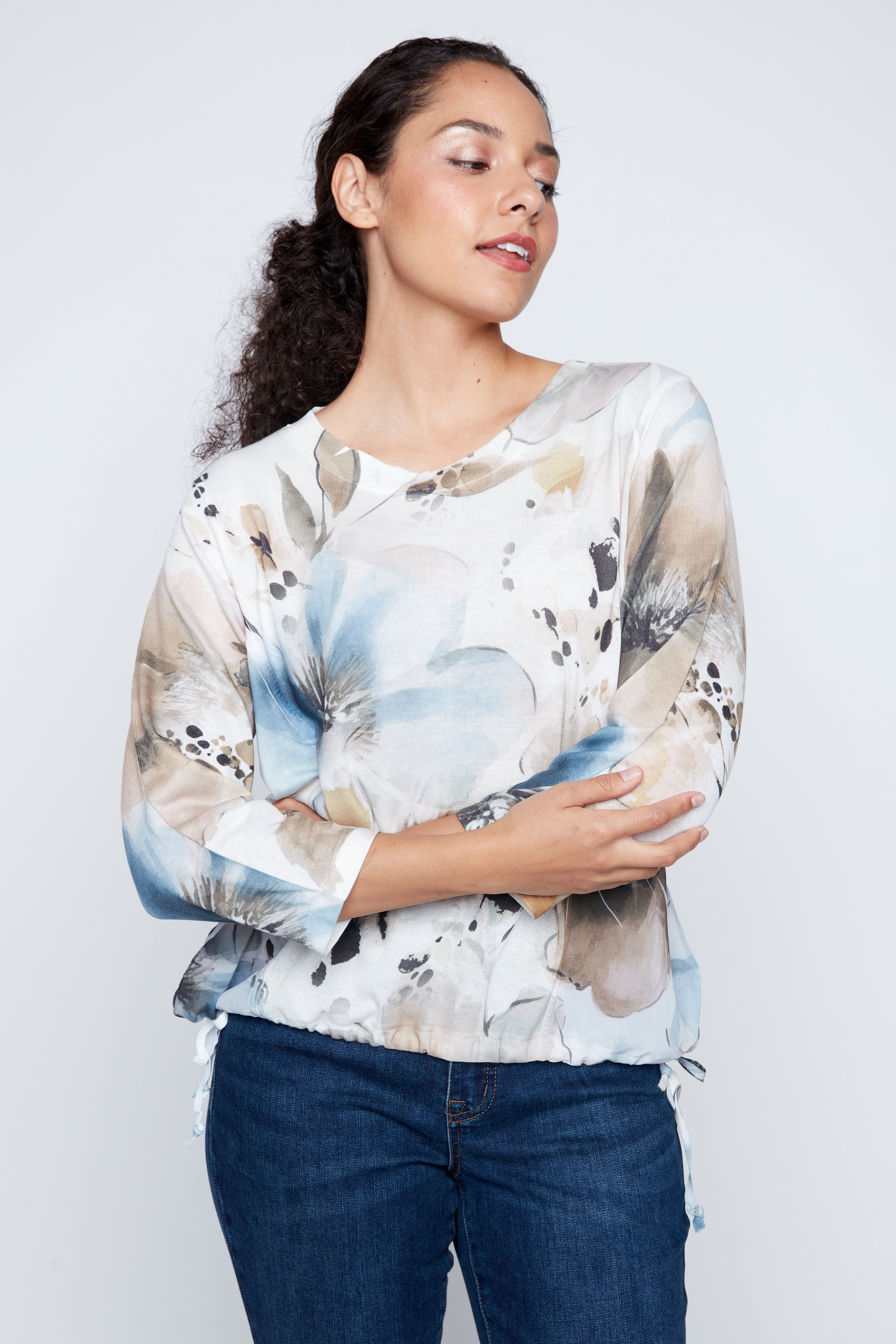 Floral print chiffon trim top