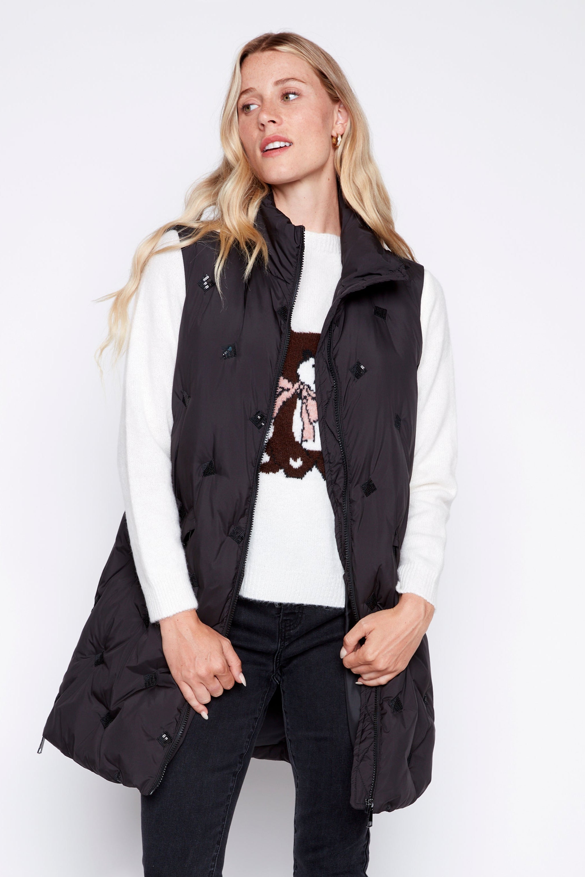 Sequin detail long quilt vest