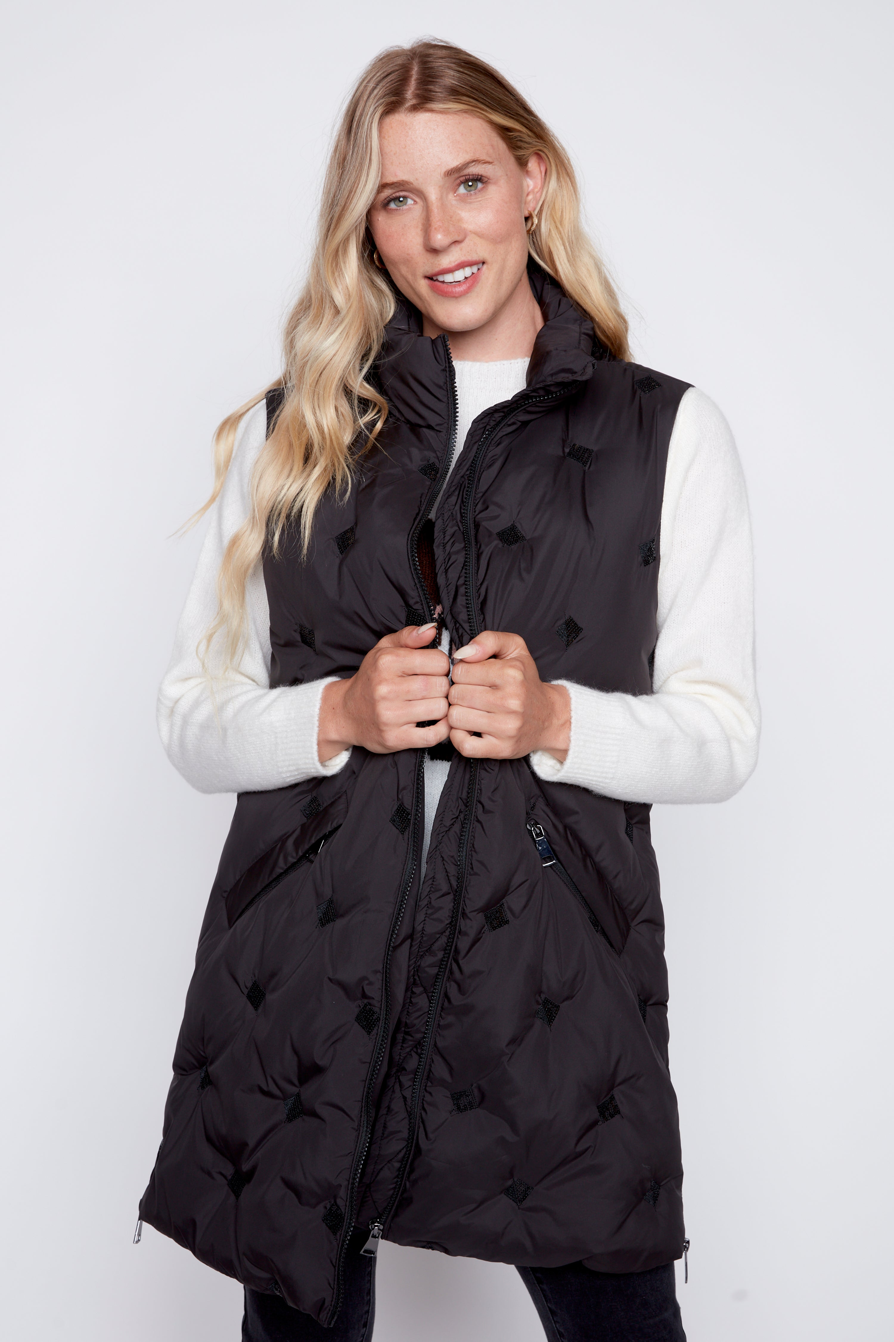 Sequin detail long quilt vest