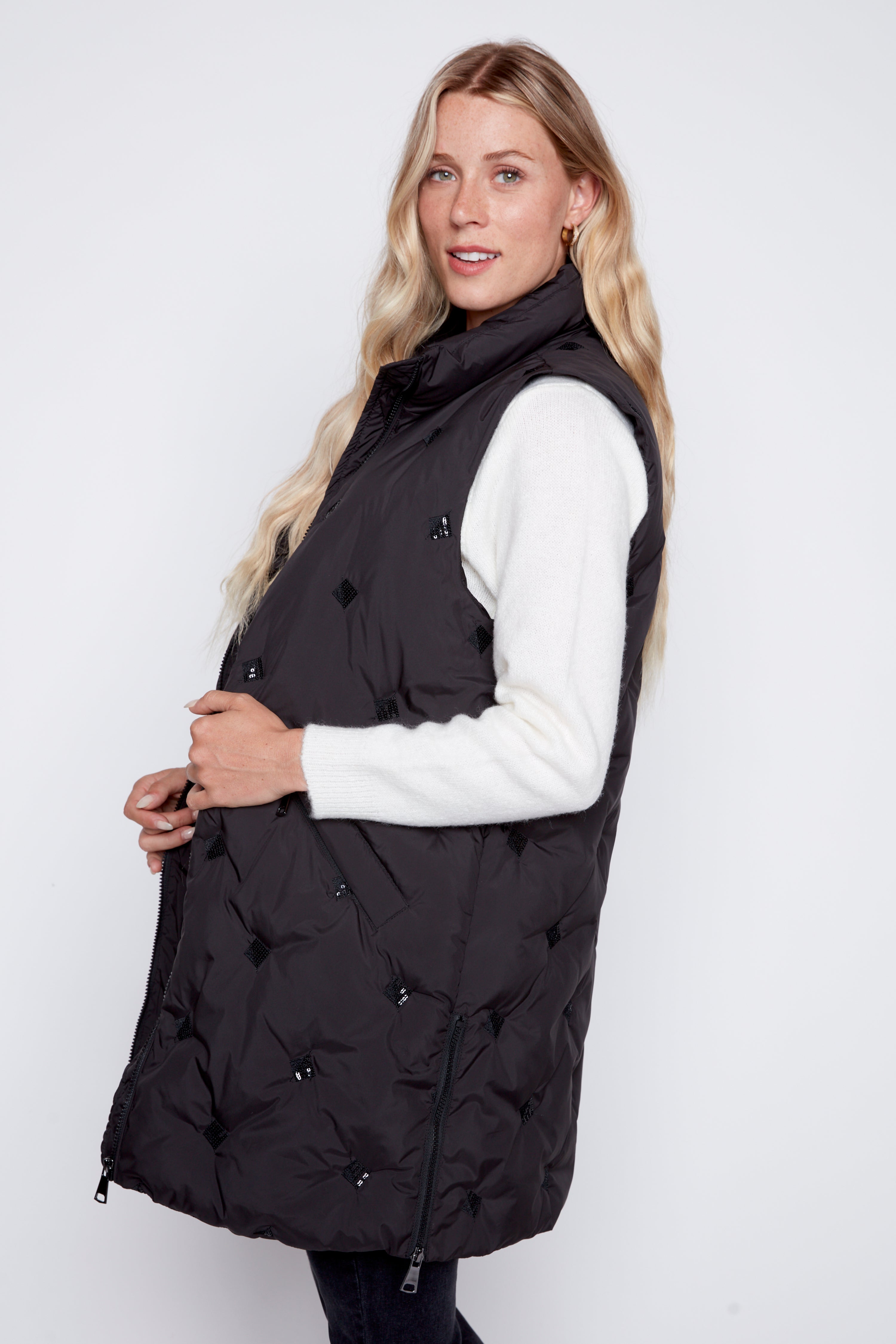 Sequin detail long quilt vest