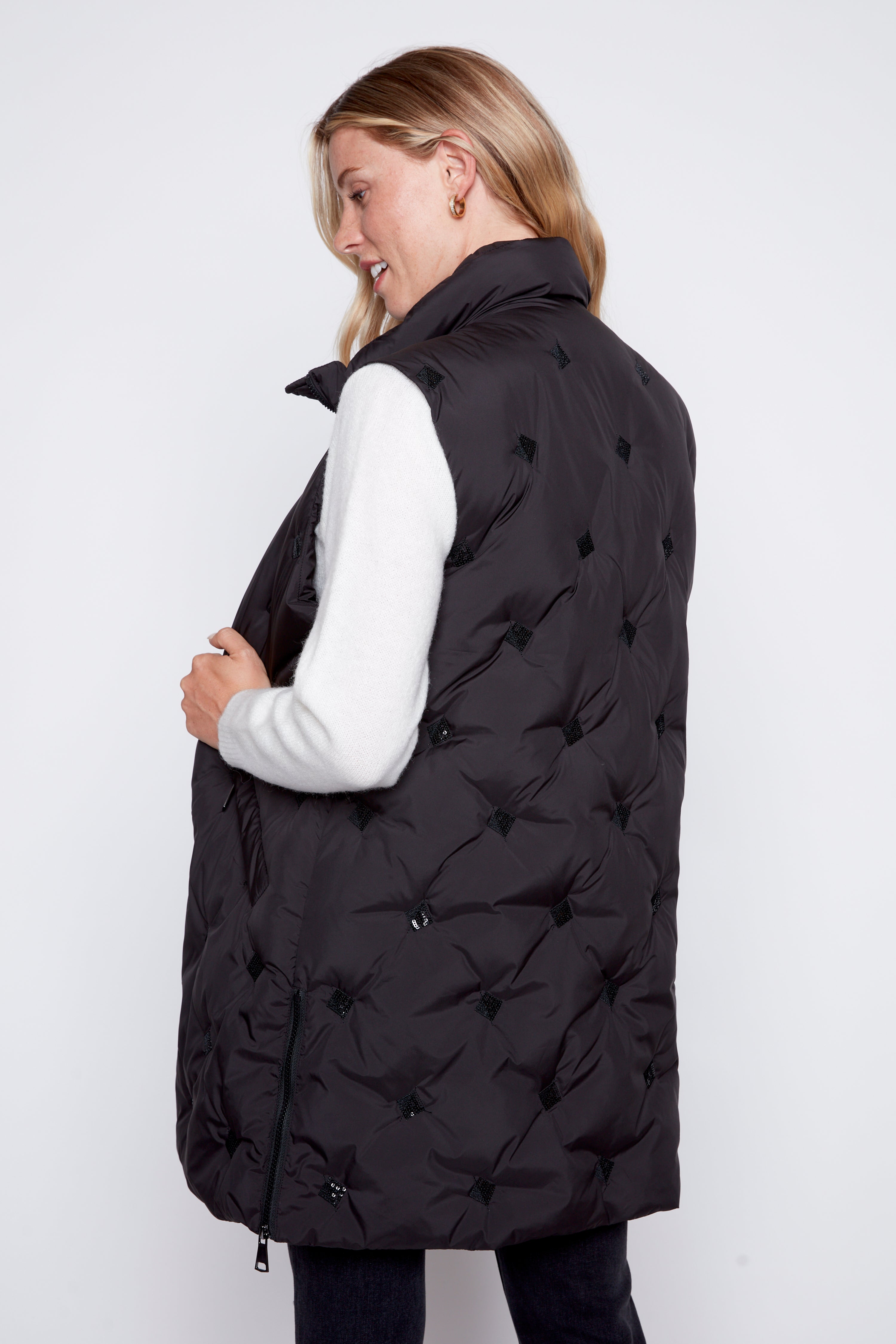 Sequin detail long quilt vest