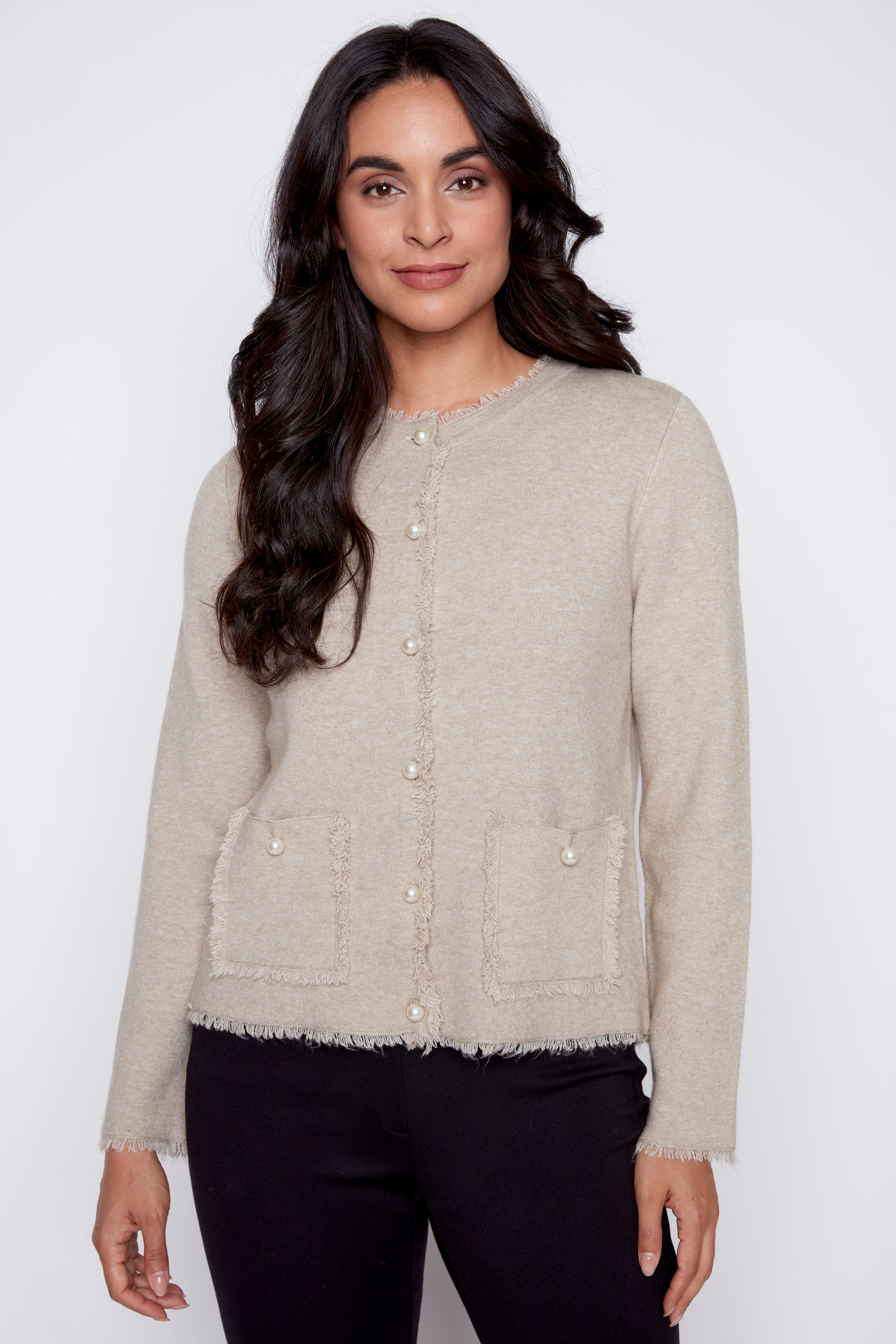Pearl and fringe trim cardigan