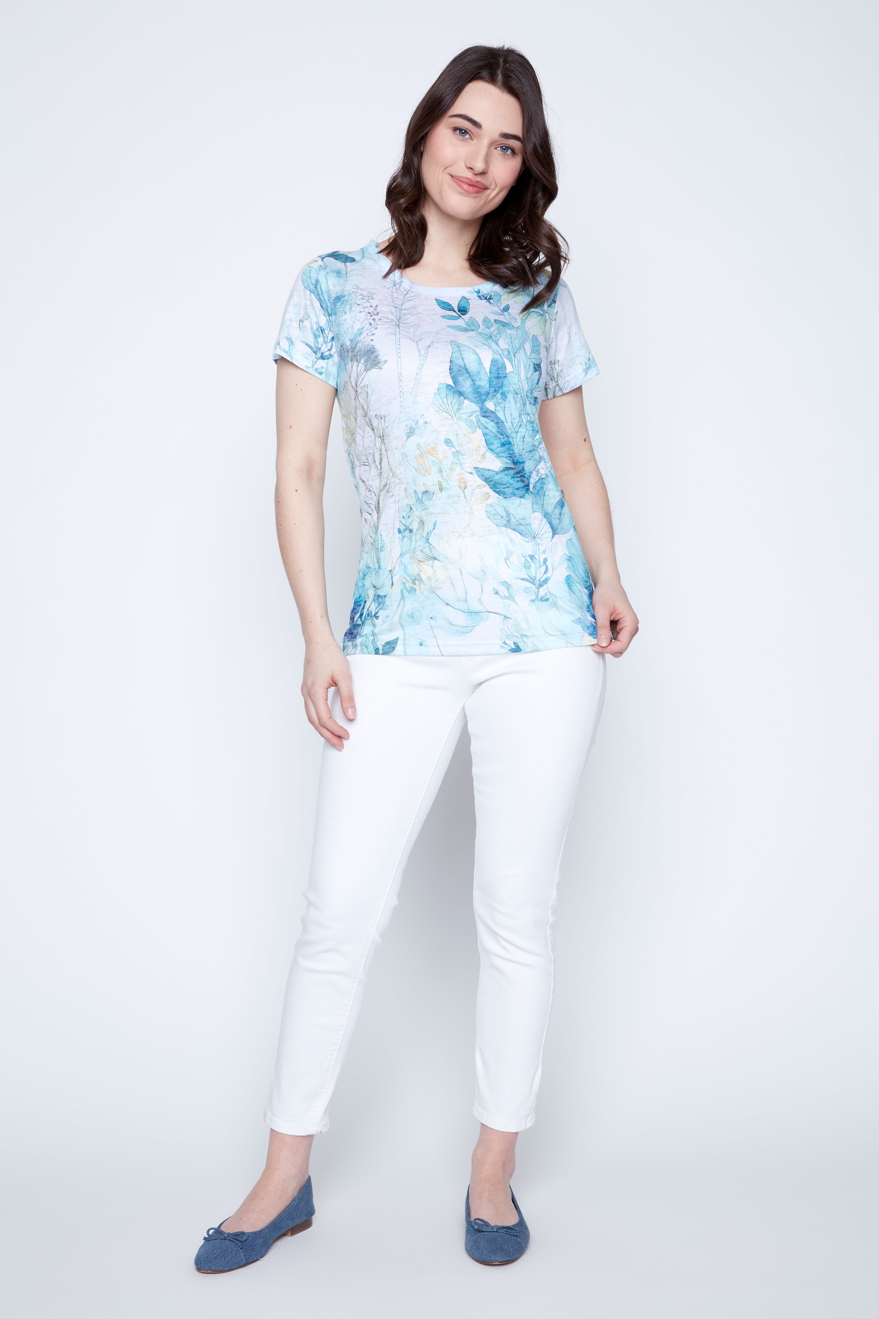 Aqua floral print burn out t-shirt