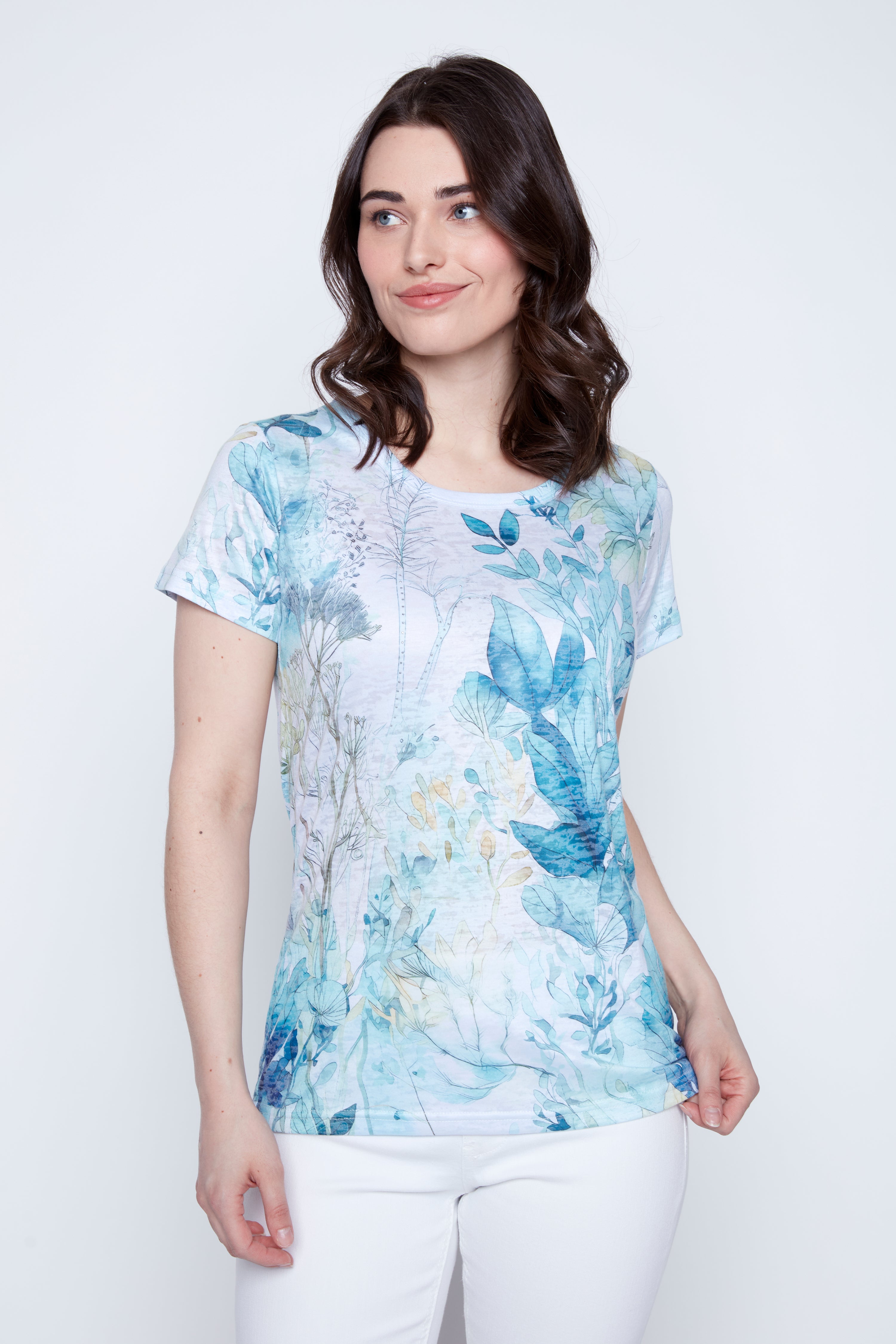 Aqua floral print burn out t-shirt