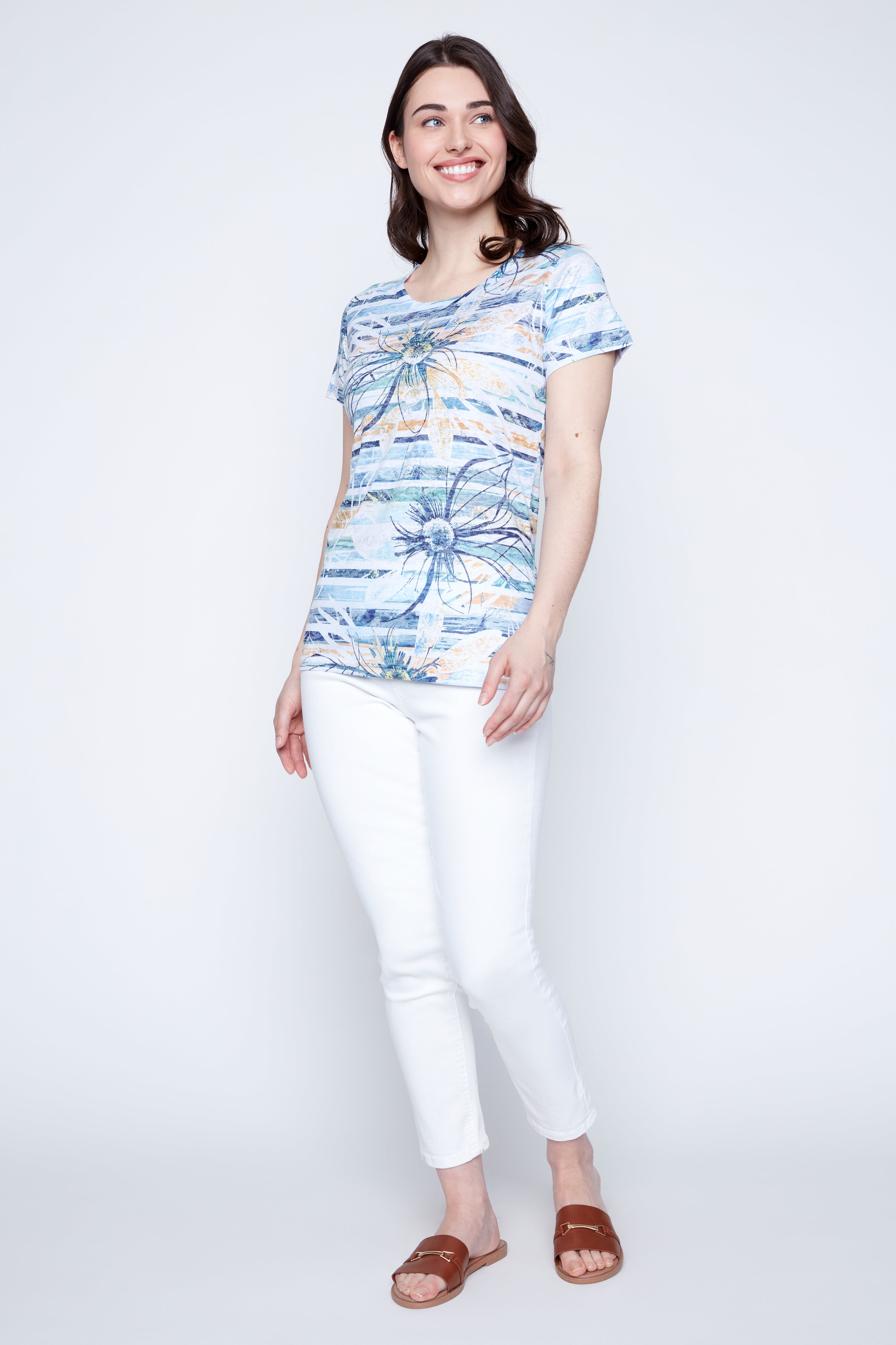 Floral and stripe print burn out t-shirt