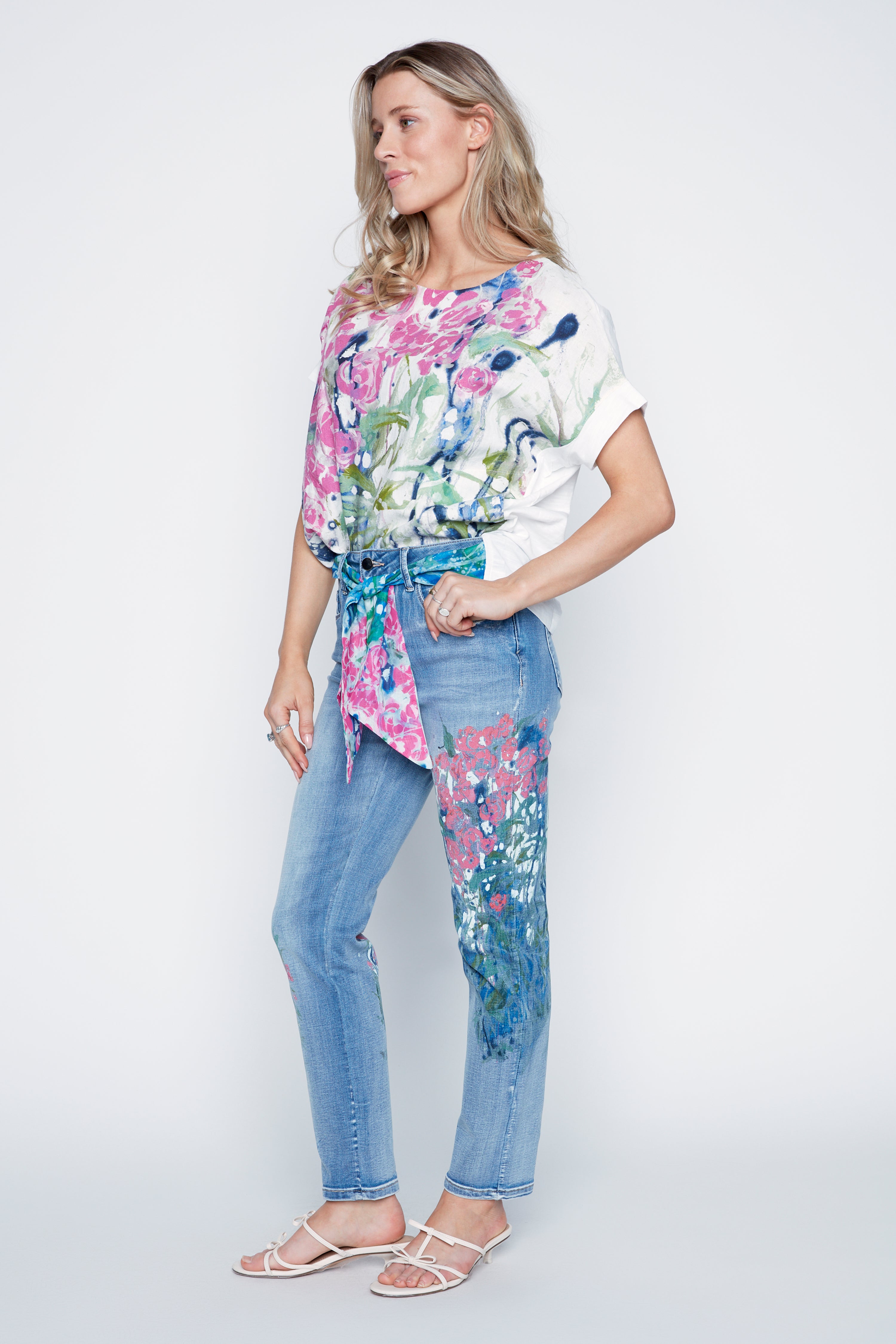 Floral print linen blend top
