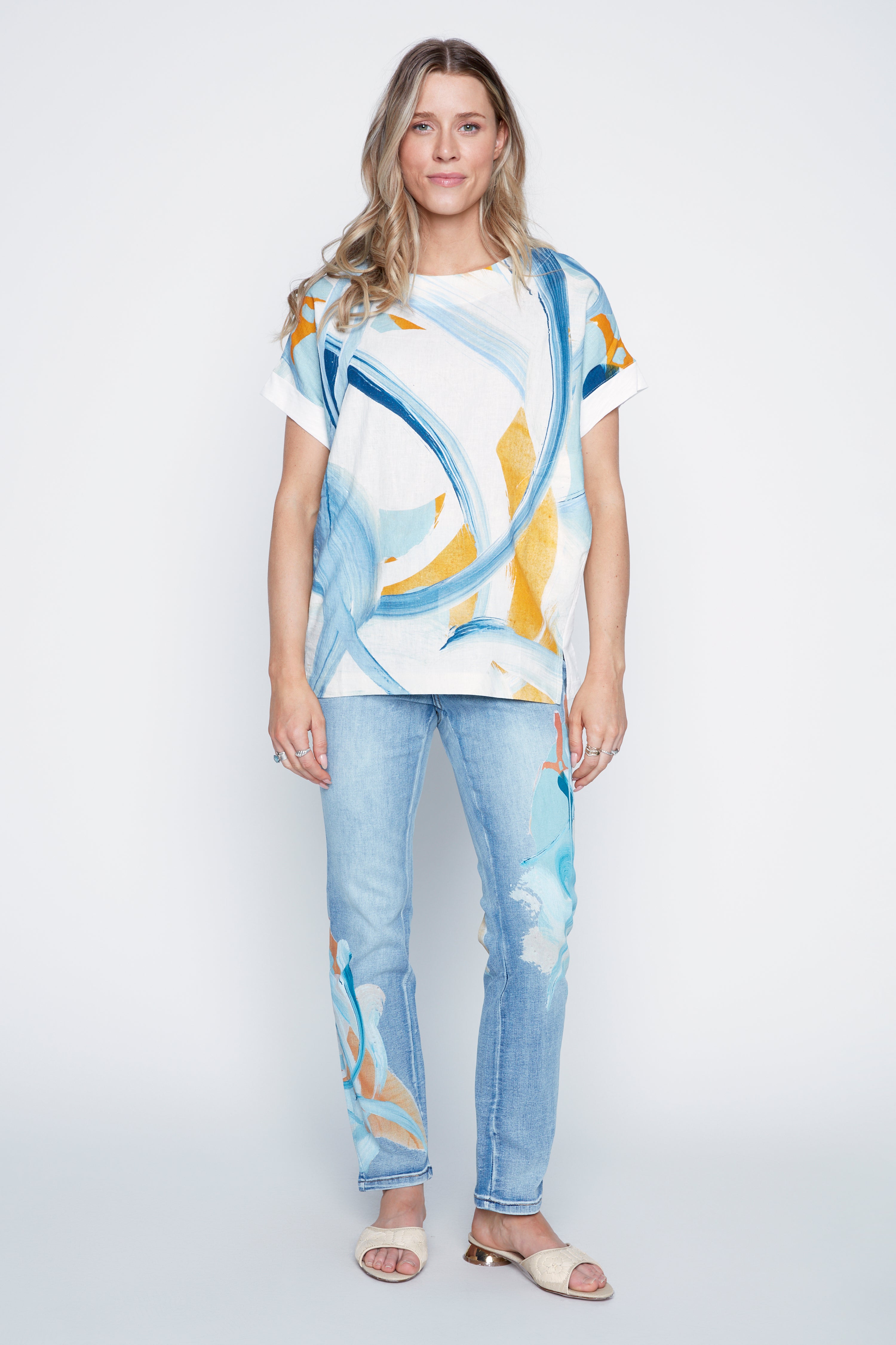 Floral design linen blend top