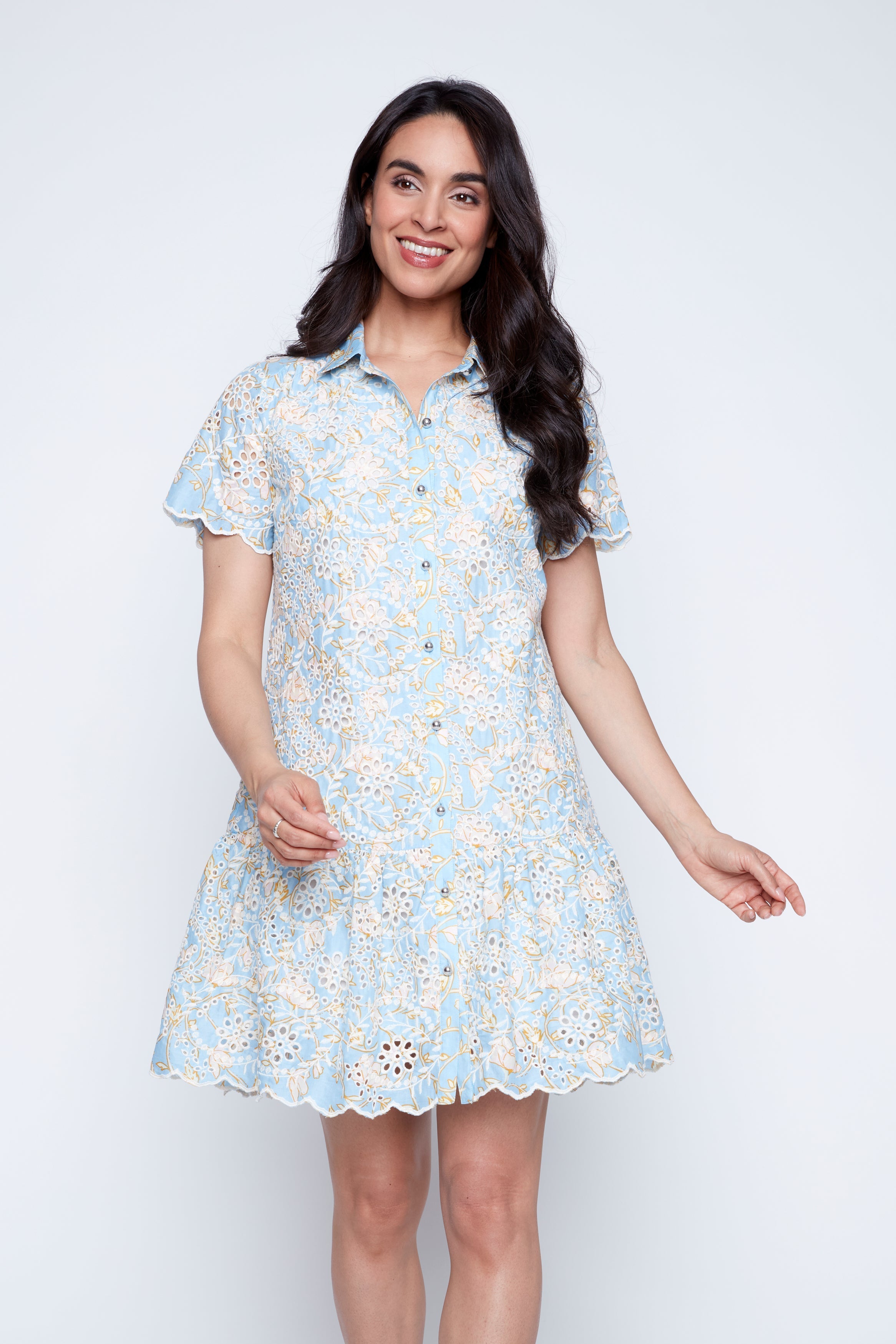 Floral eyelet shirt dress