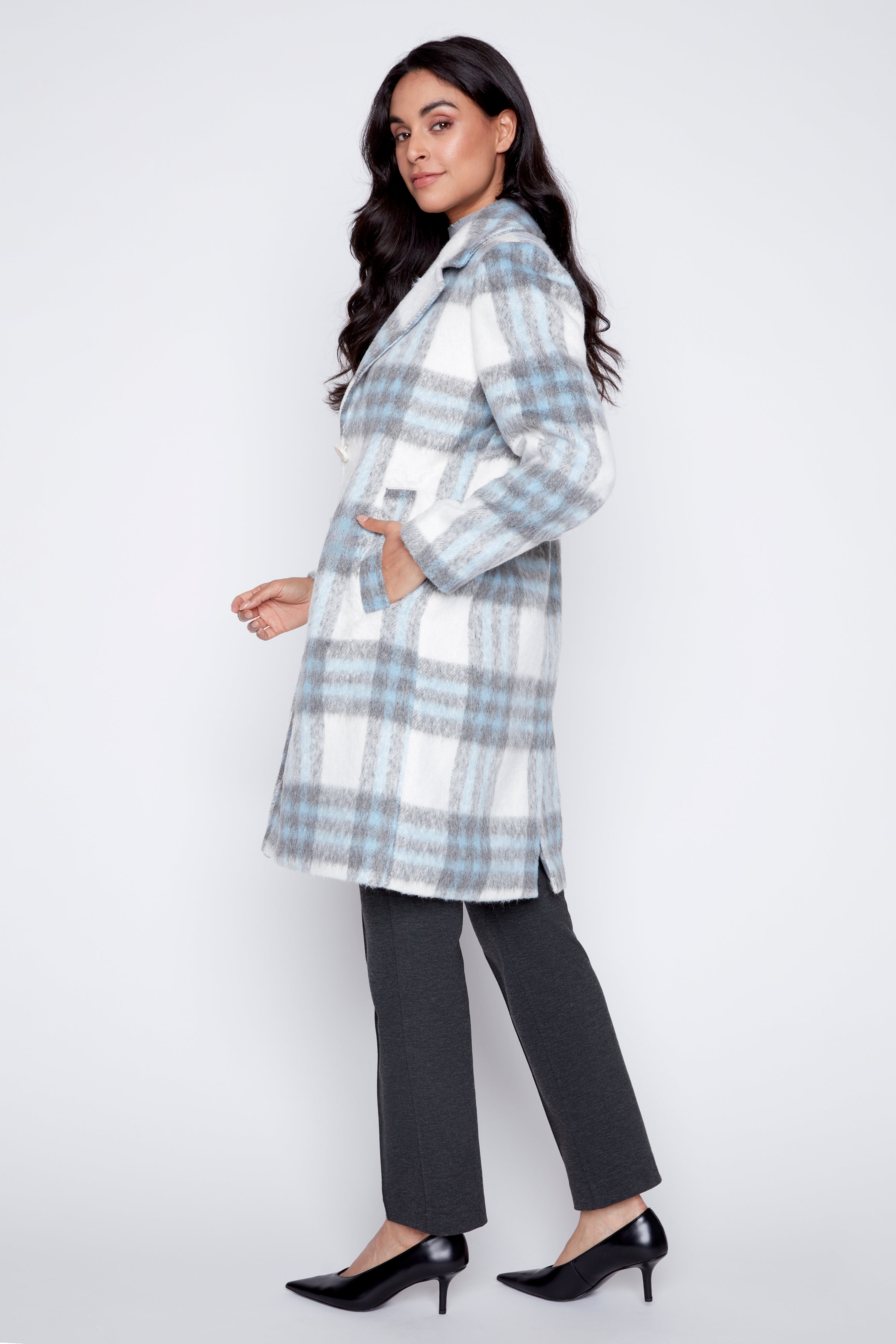 Plaid wool blend coat