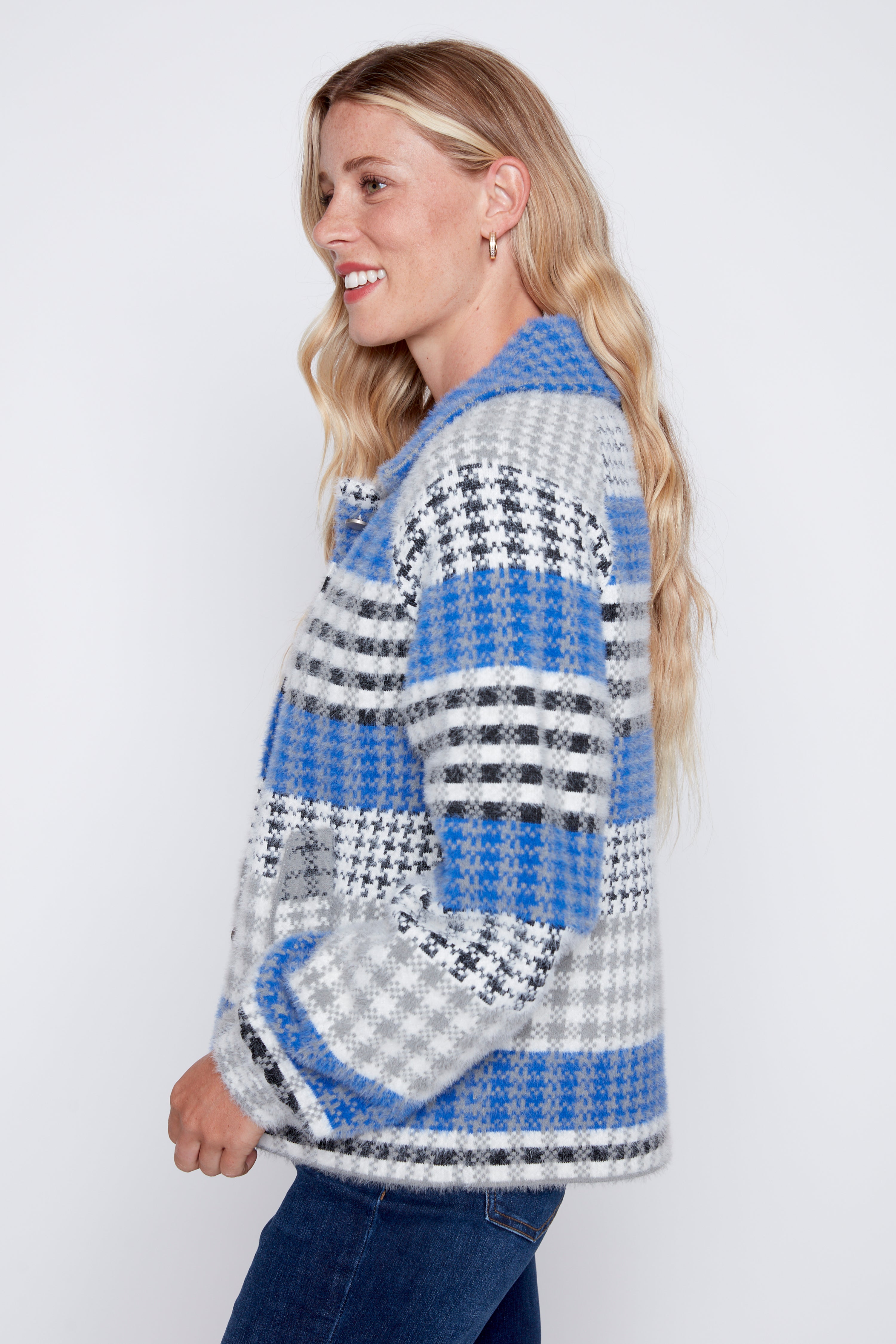 Eyelash houndstooth knit jacket