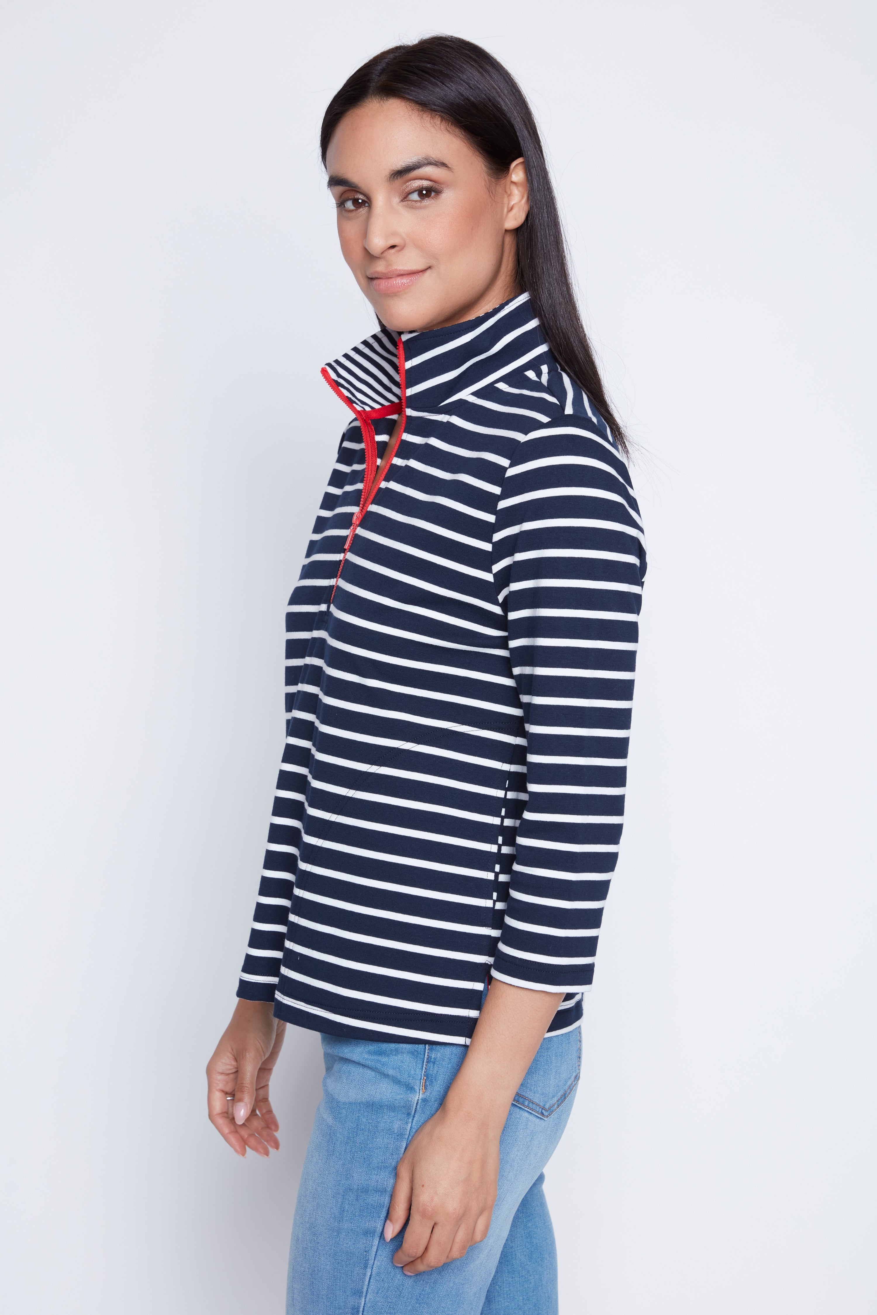 Zip mock neck striped t-shirt