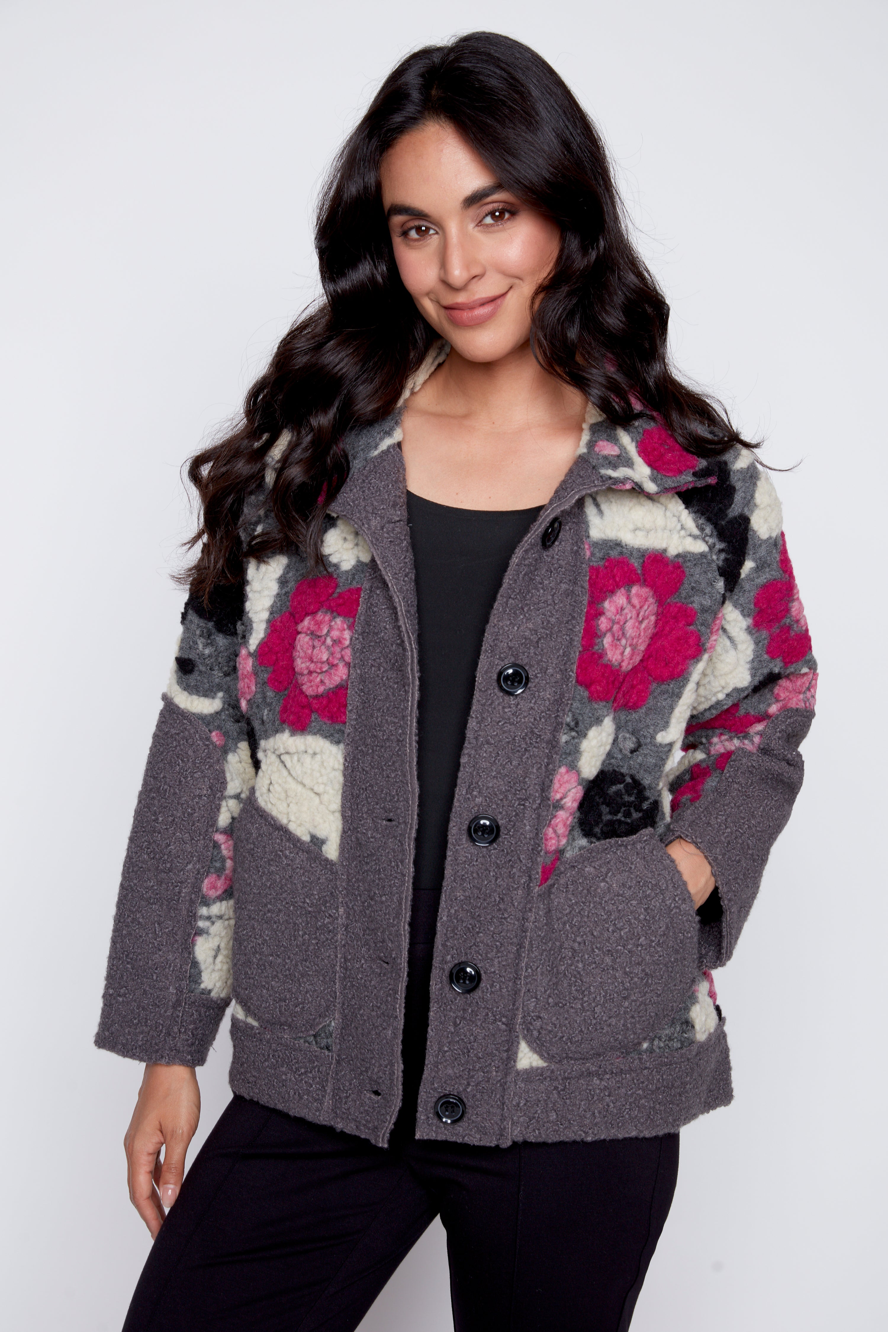 Floral embroidery boiled wool jacket