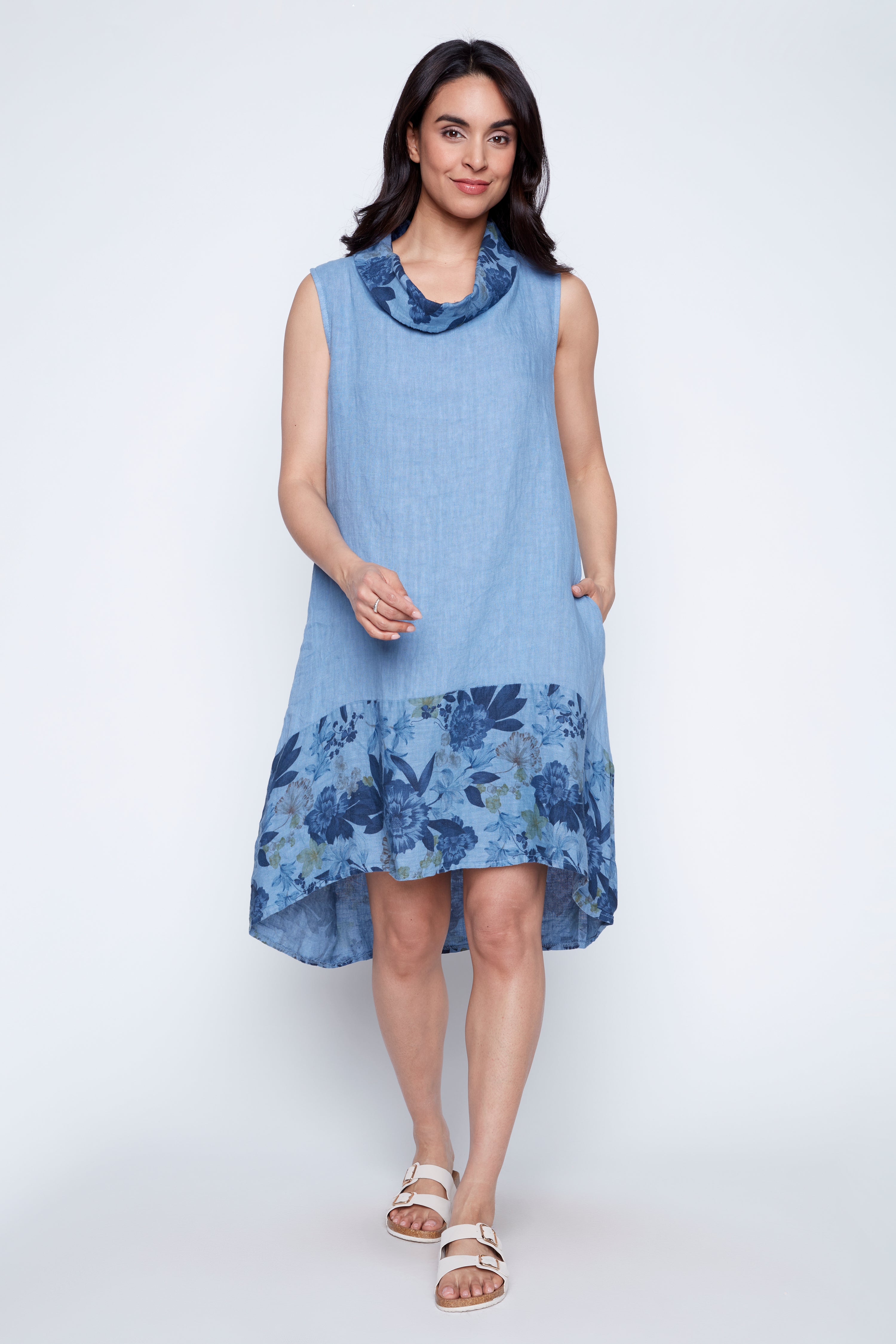 Floral border print linen dress