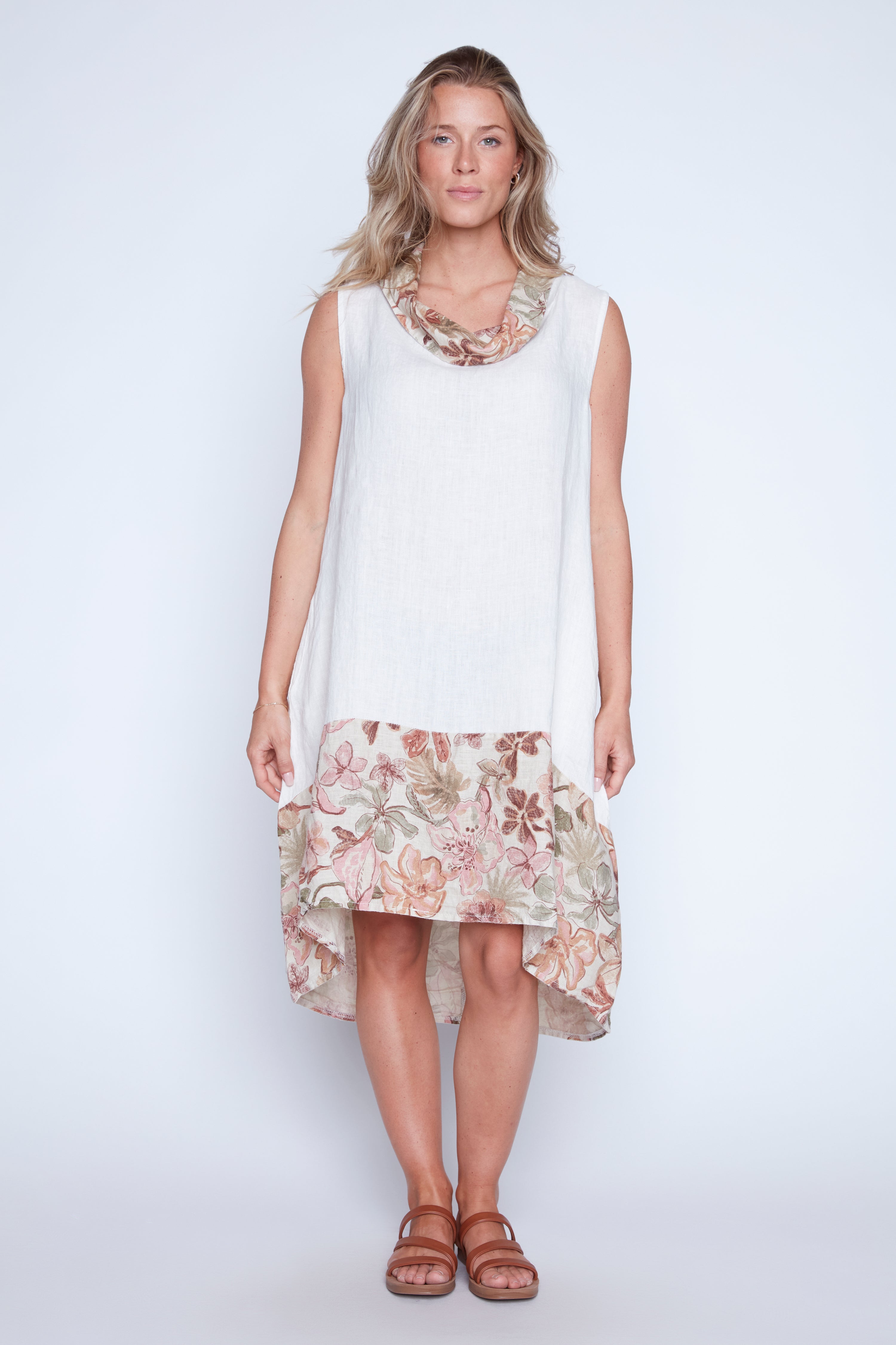 Border print linen dress