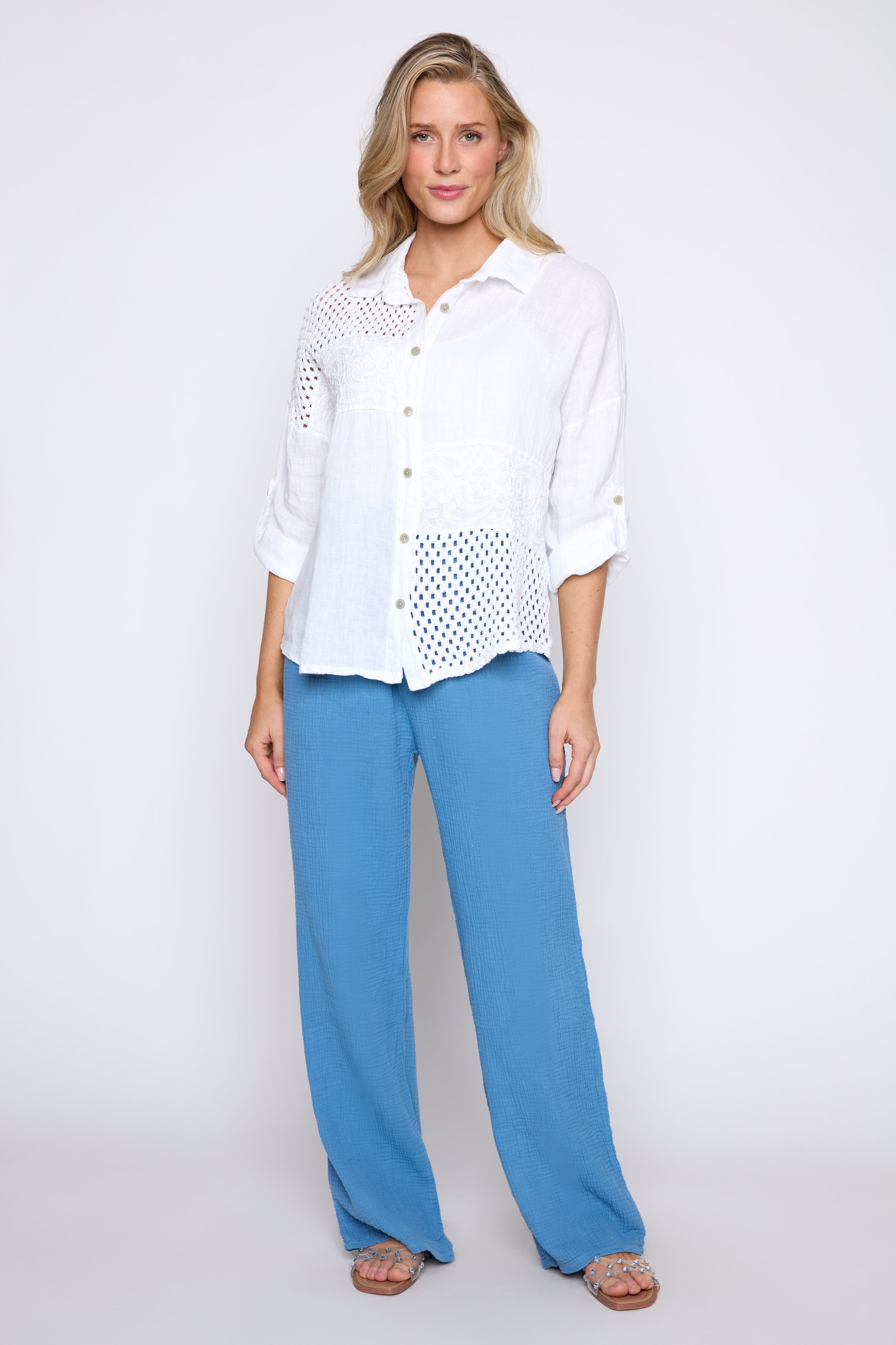 Crochet trim linen blouse