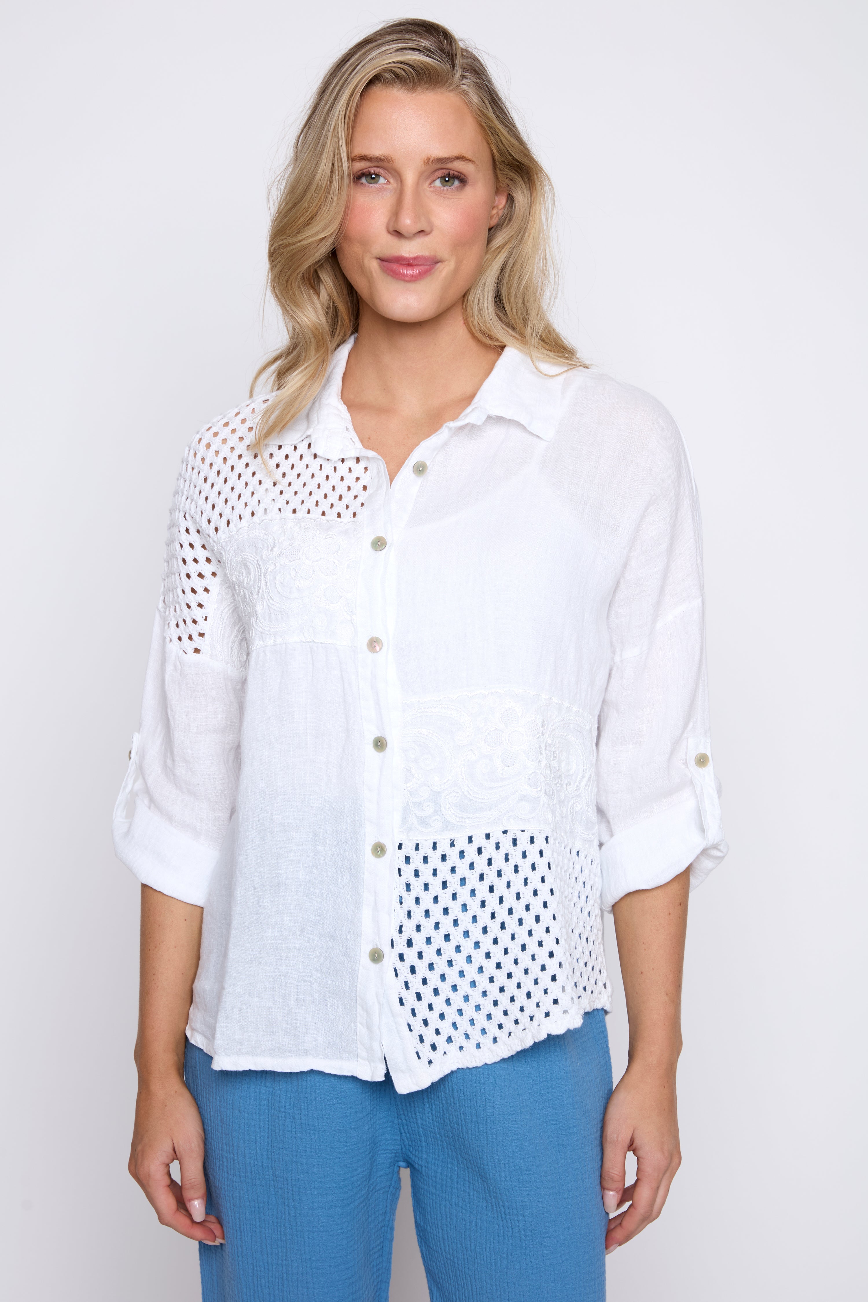 Crochet trim linen blouse