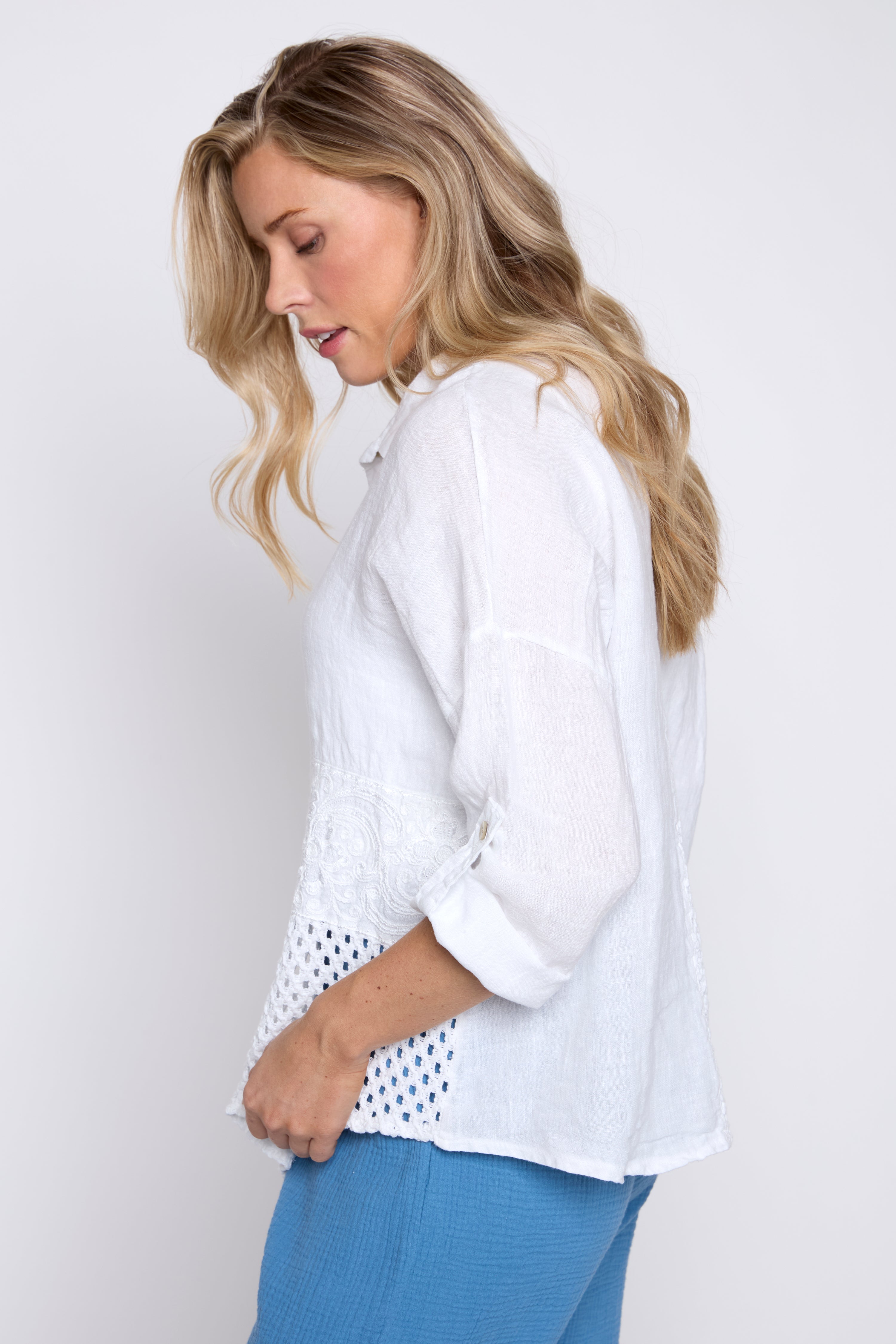 Crochet trim linen blouse
