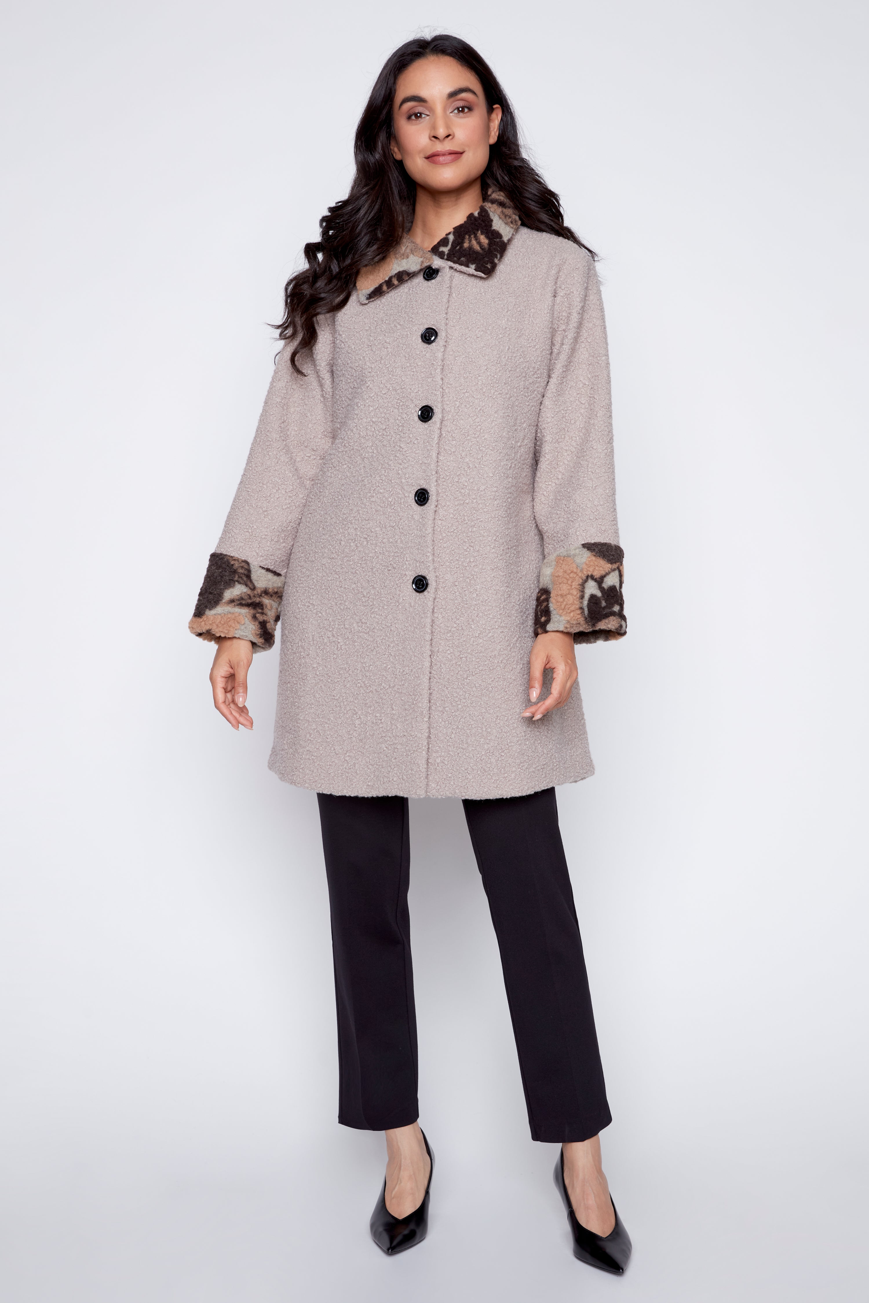Floral trim boucle coat
