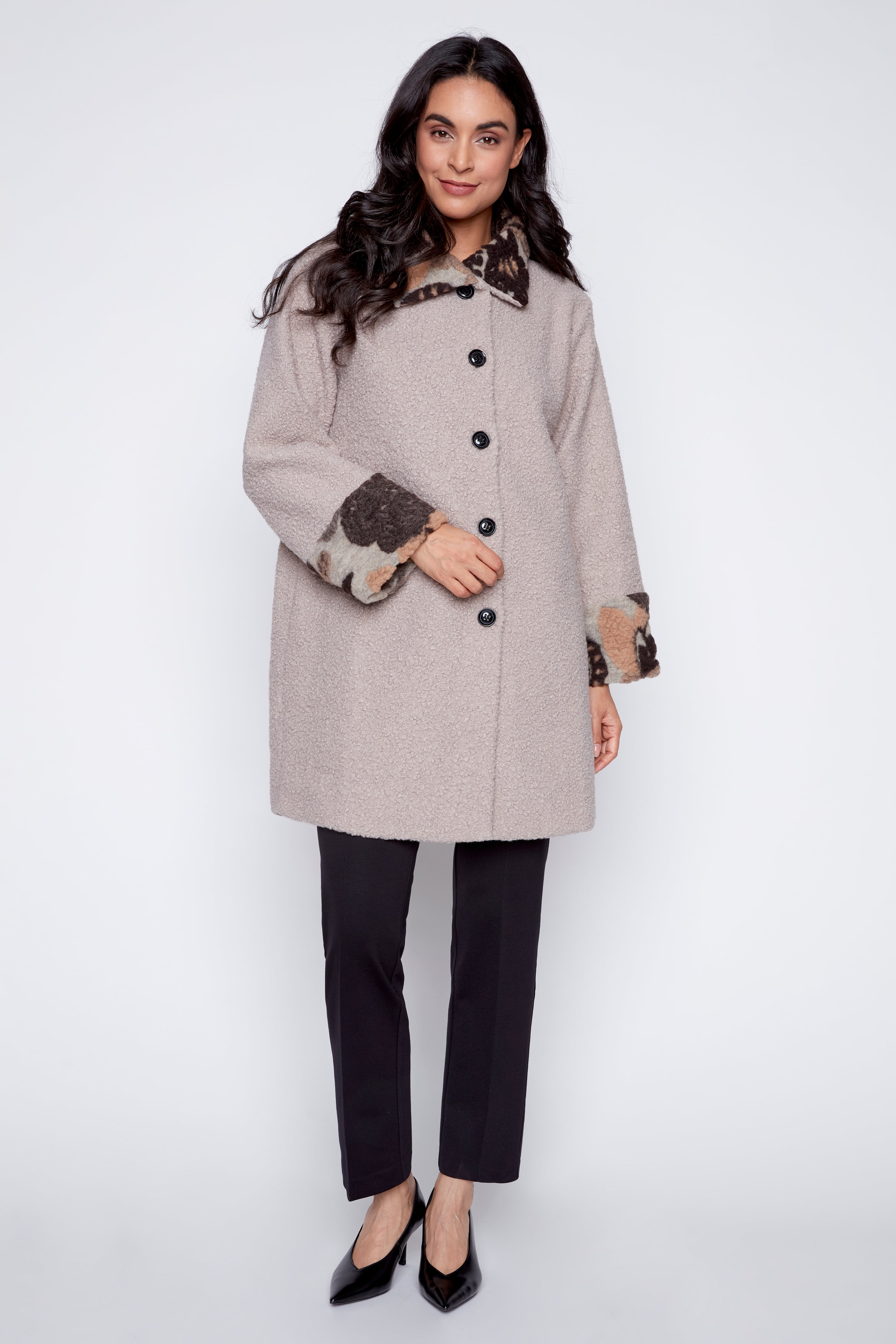 Floral trim boucle coat