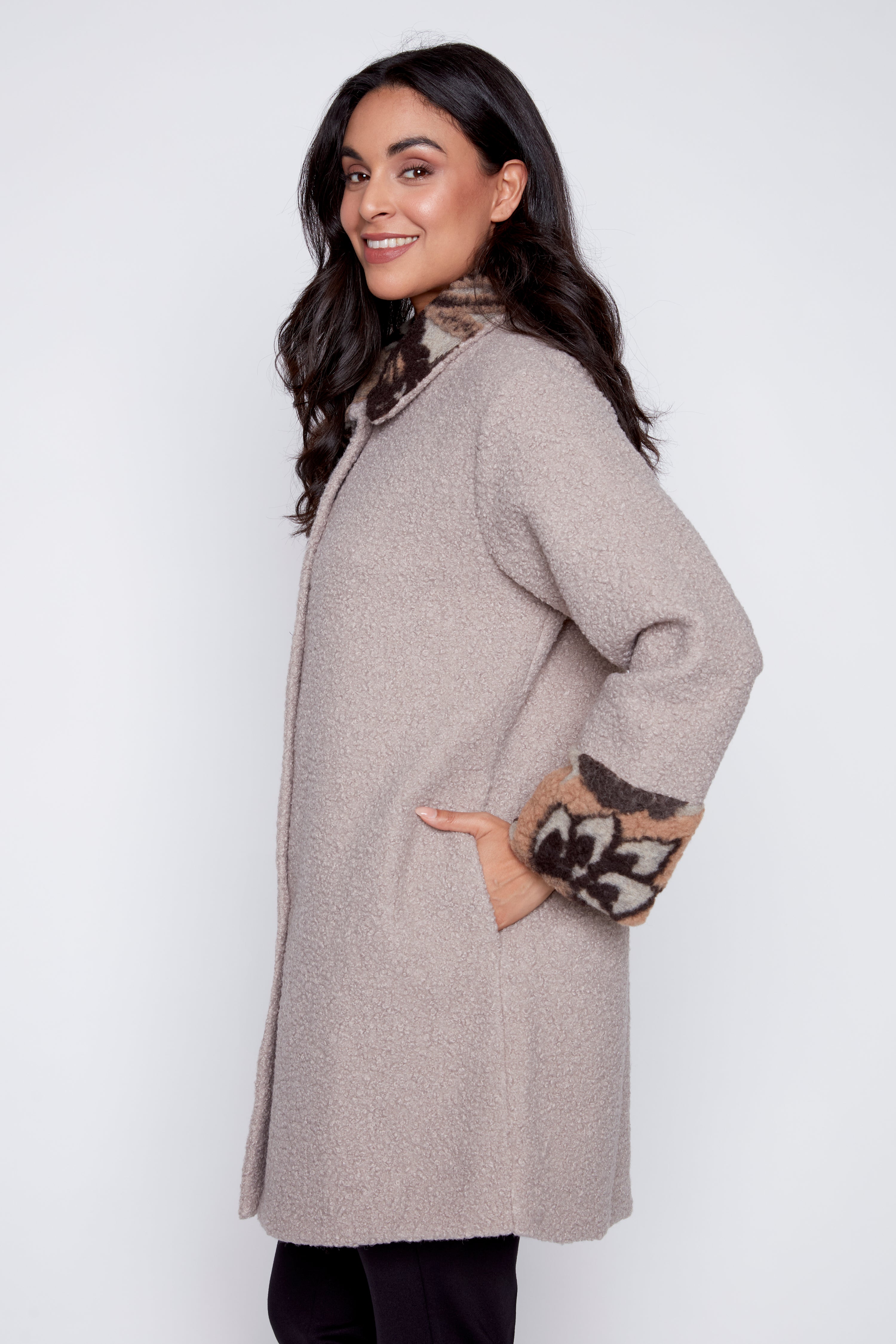 Floral trim boucle coat