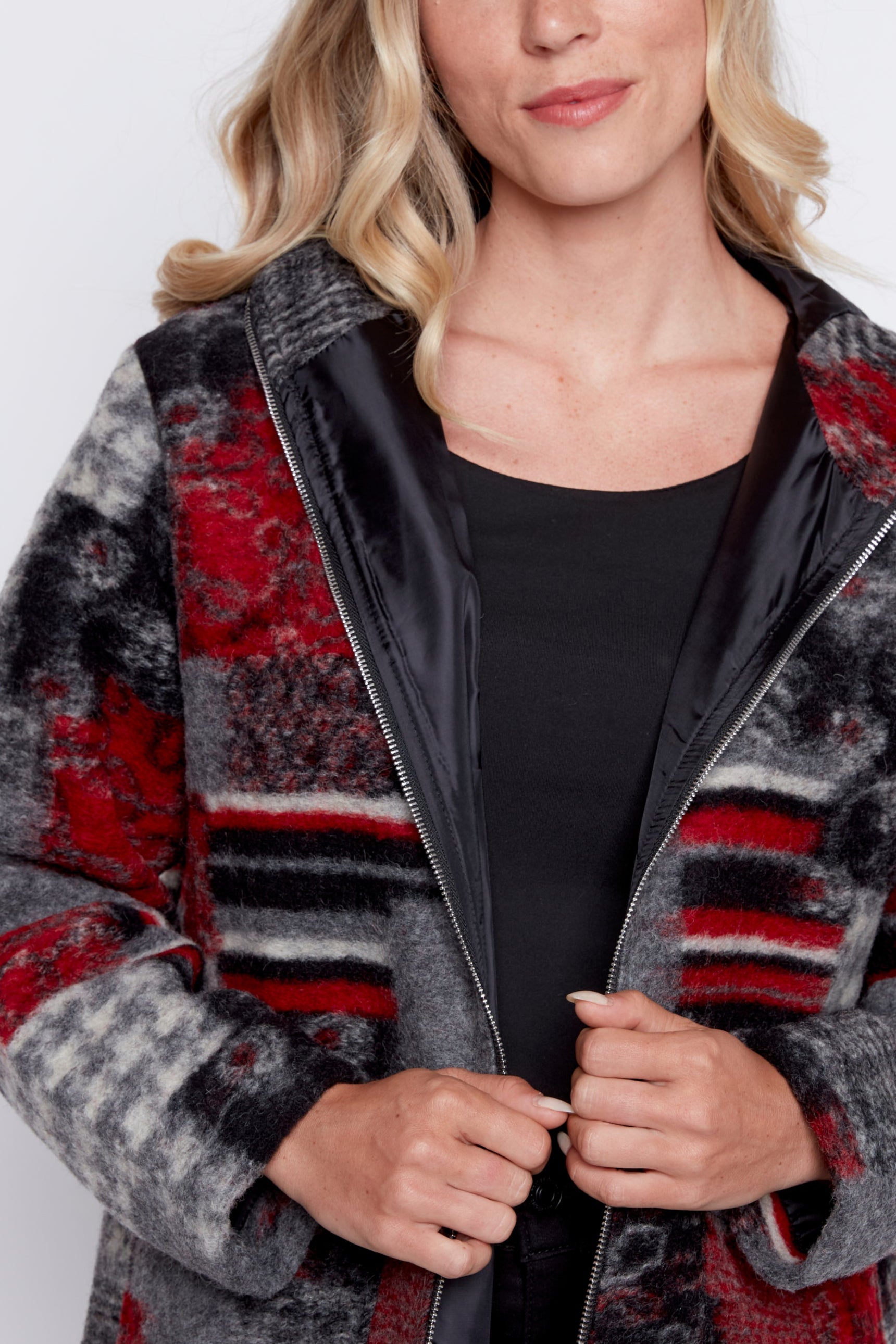 La veste en laine bouillie à imprimé patchwork