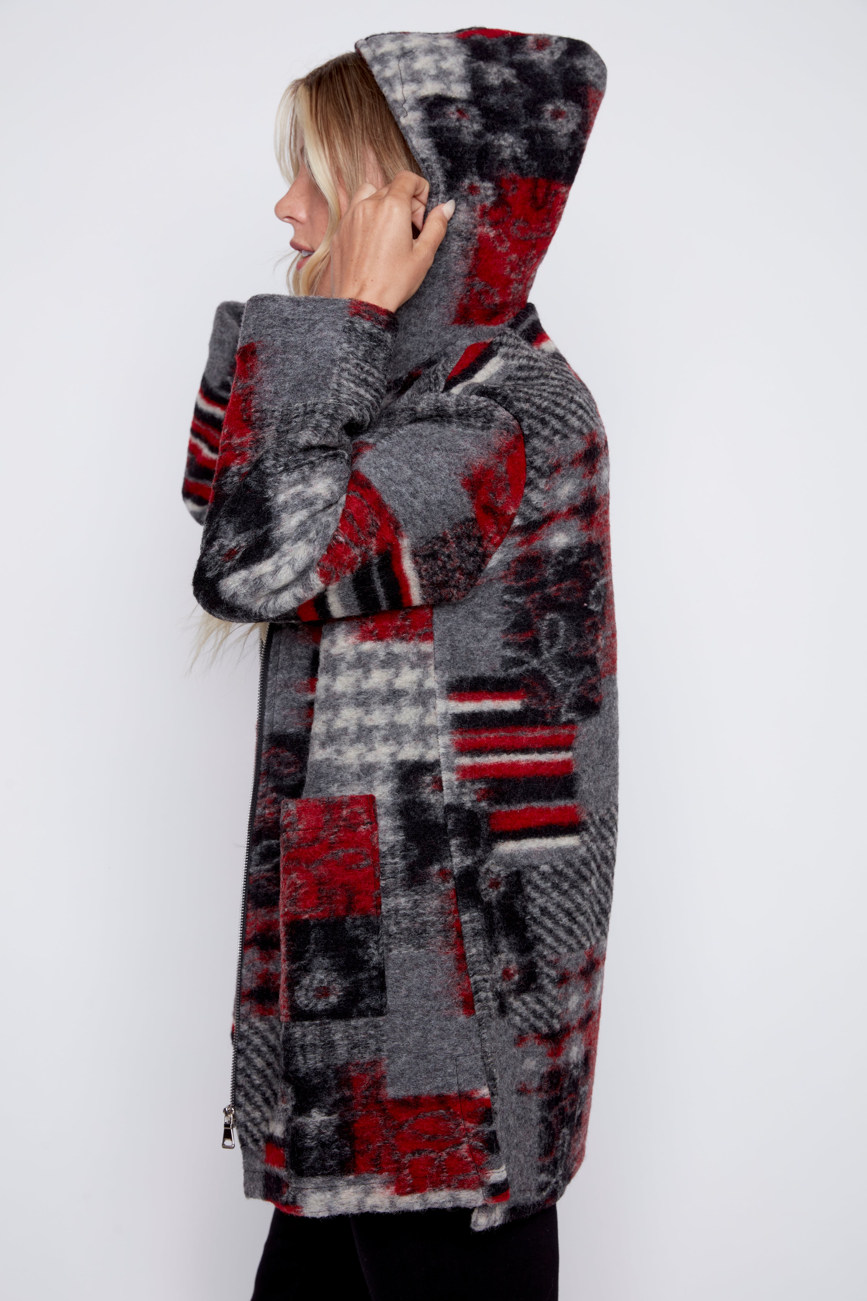 La veste en laine bouillie à imprimé patchwork