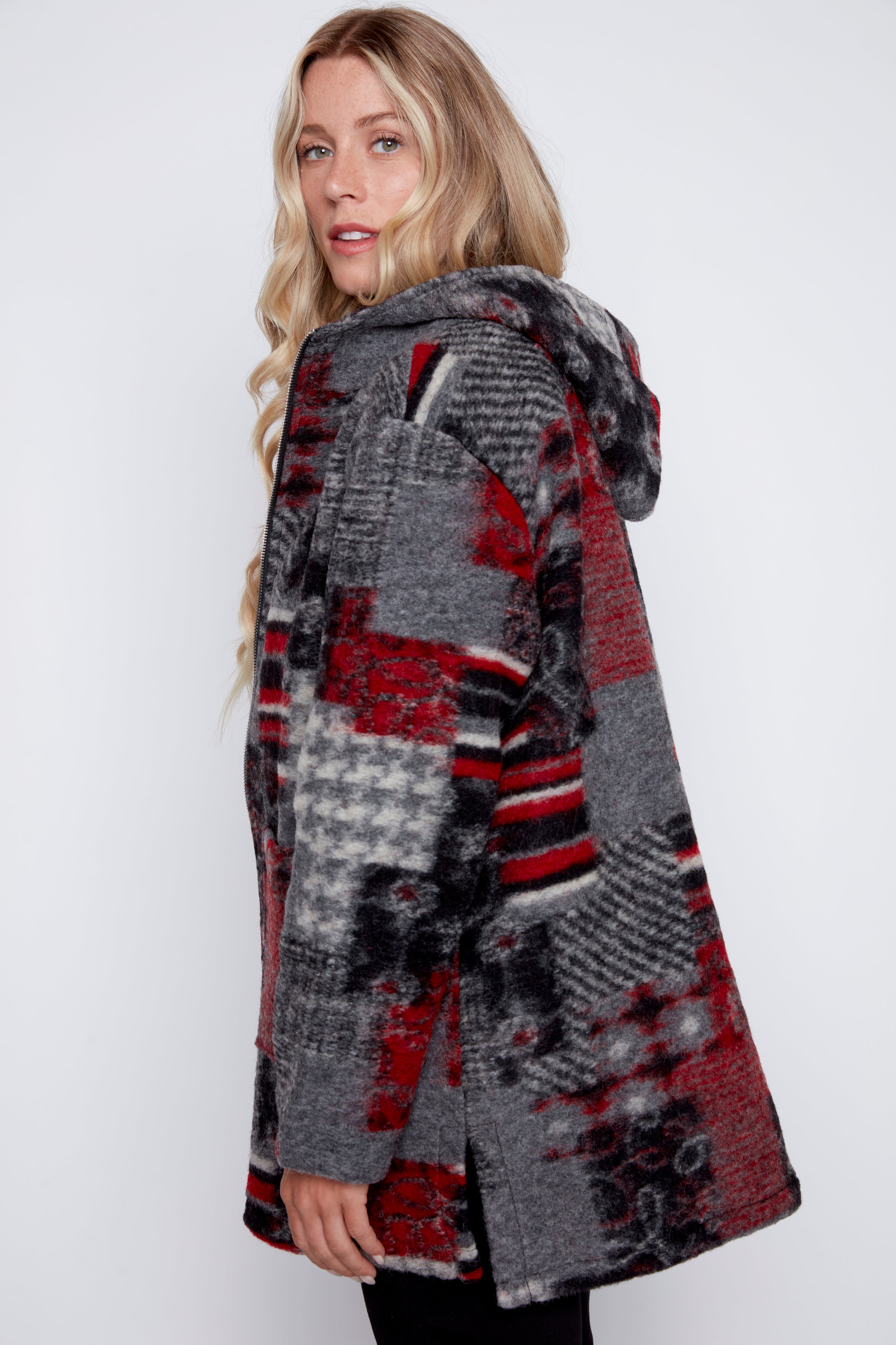 La veste en laine bouillie à imprimé patchwork