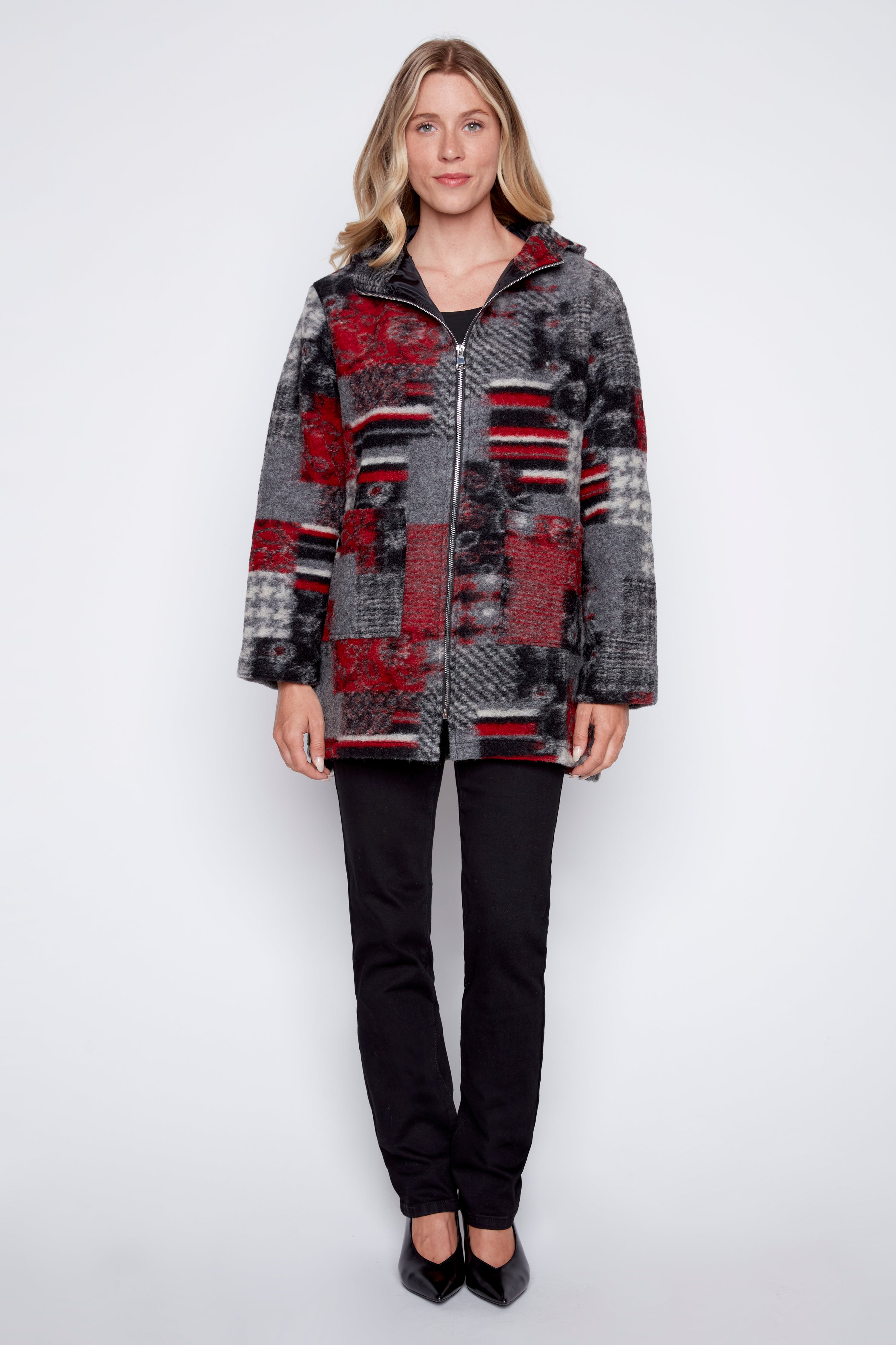 La veste en laine bouillie à imprimé patchwork