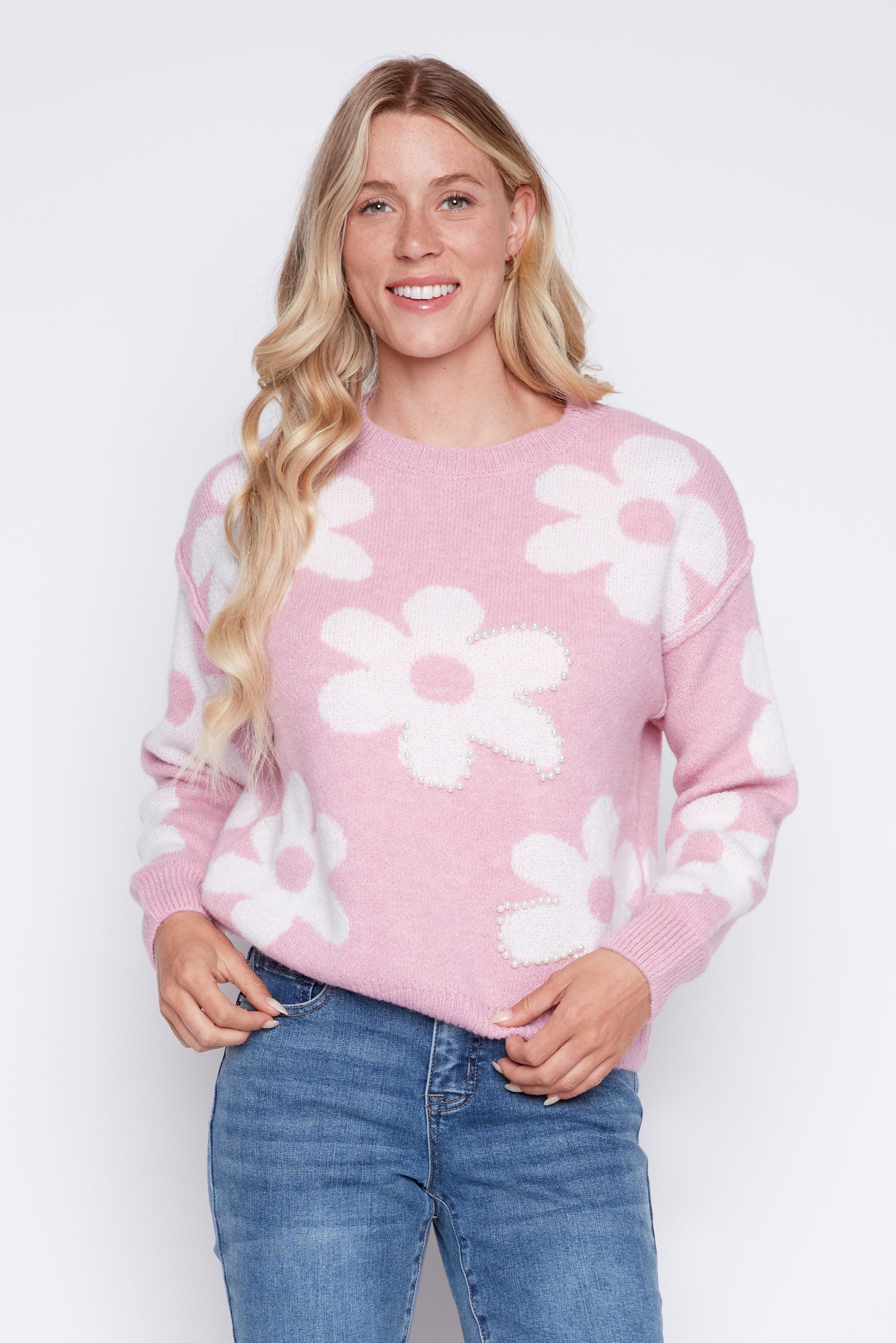 Flower with pearl detail wool blend sweater