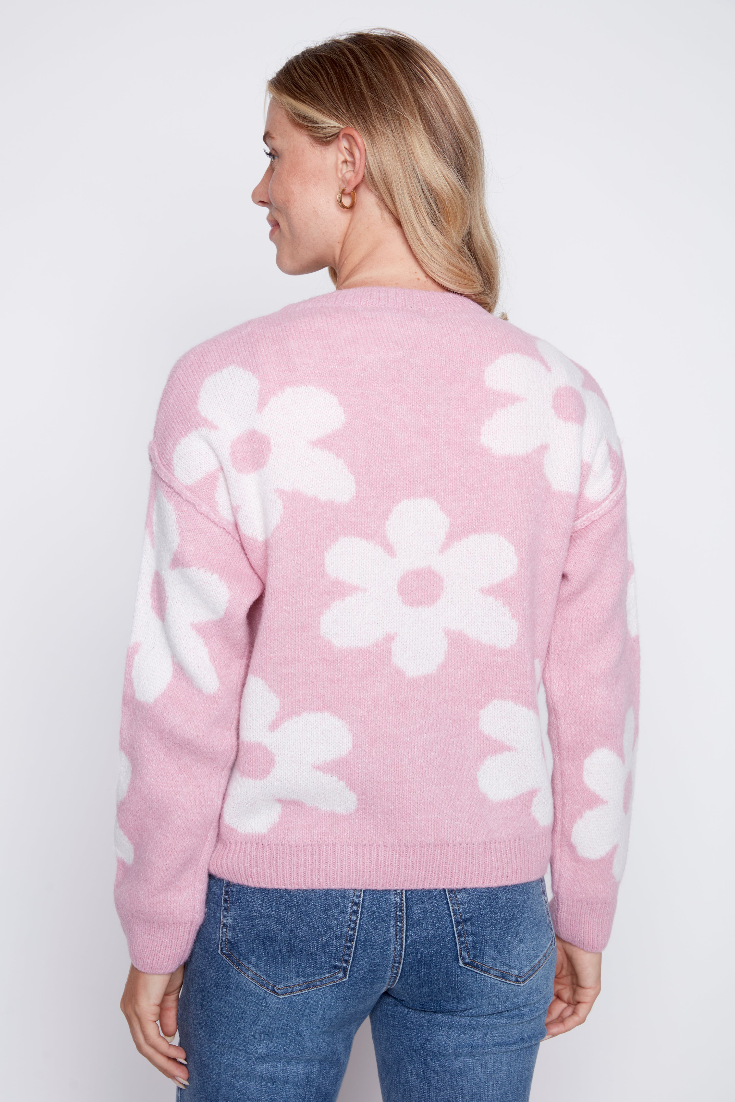 Flower with pearl detail wool blend sweater