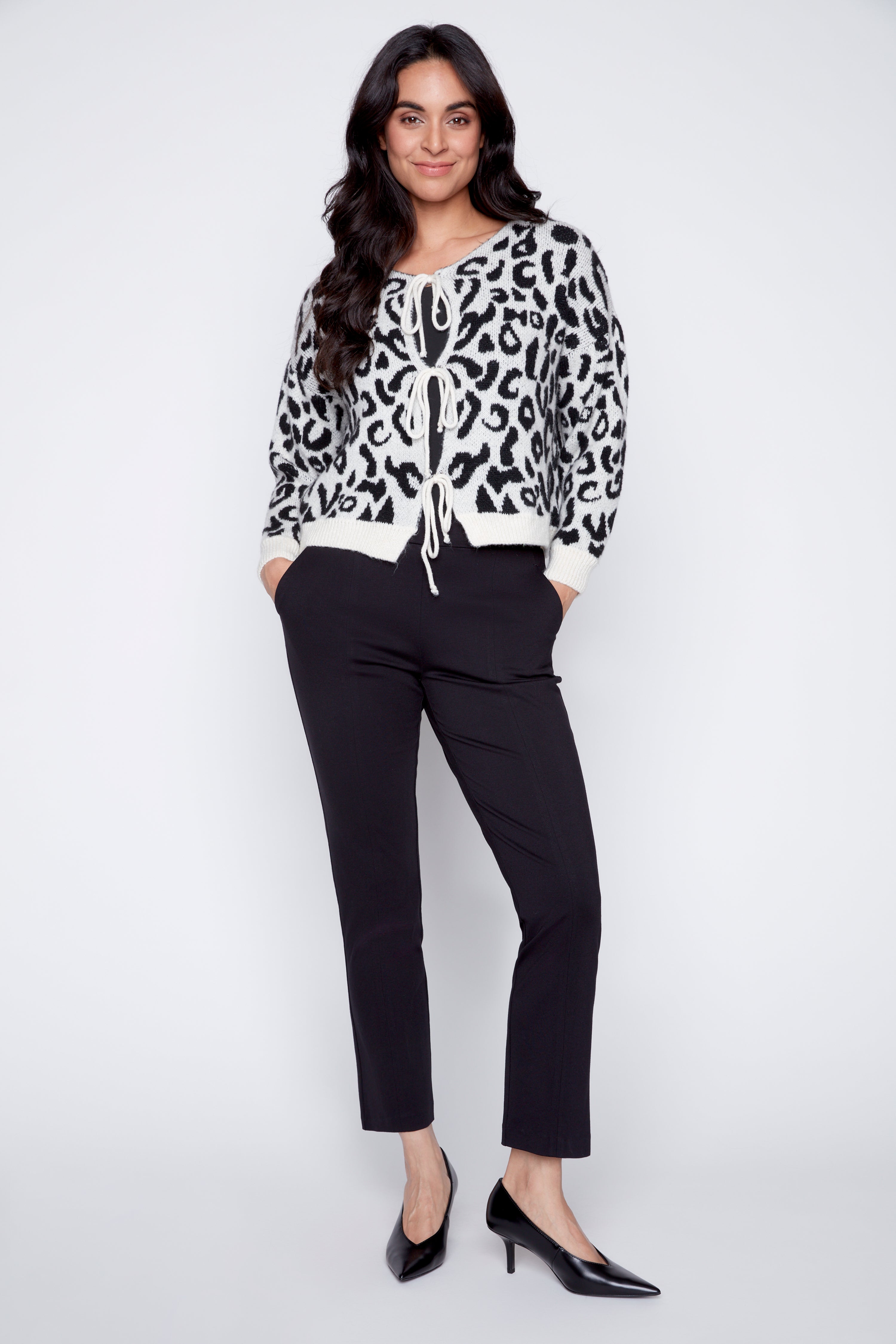 Animal print tie front cardigan
