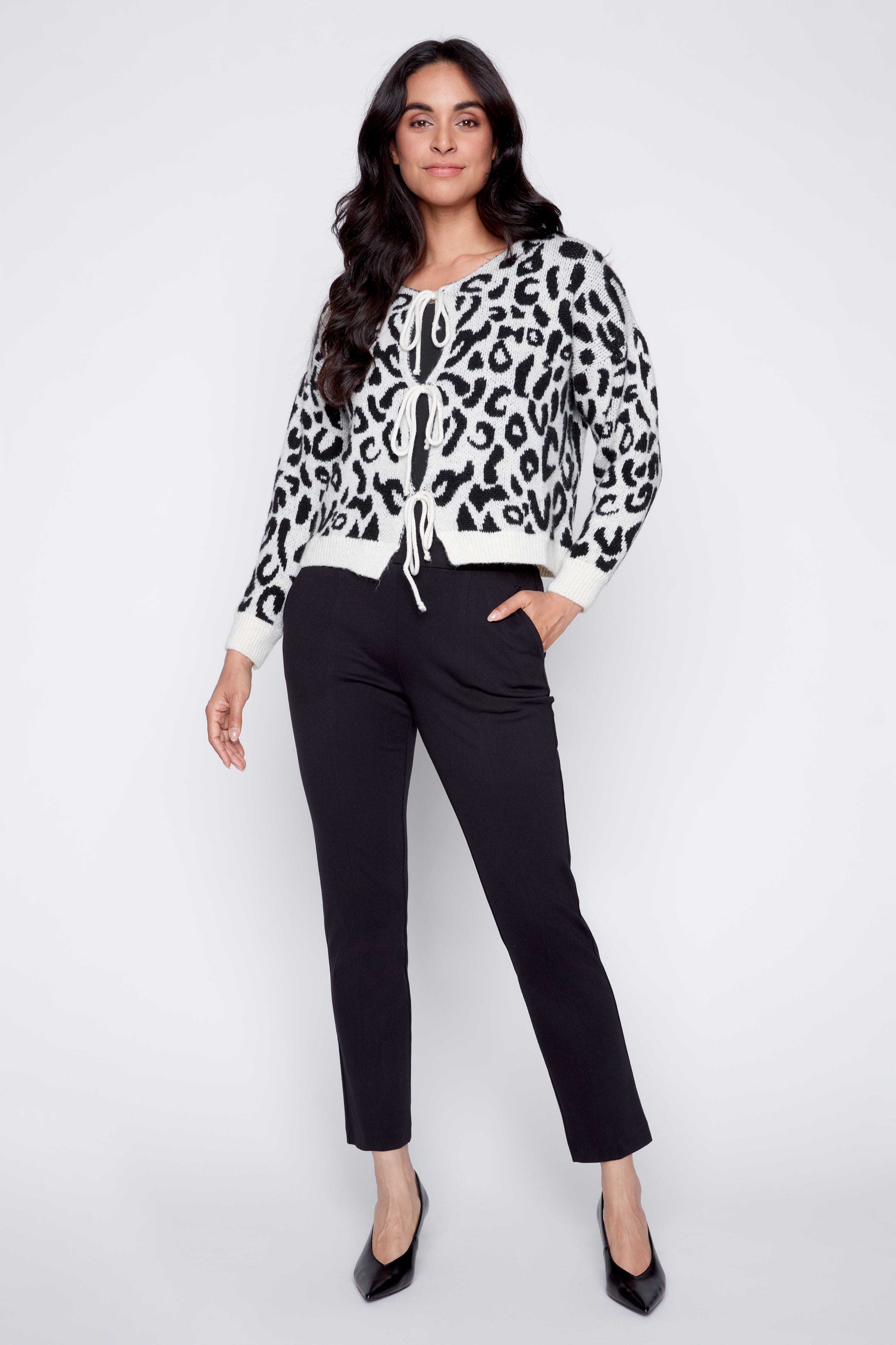 Animal print tie front cardigan
