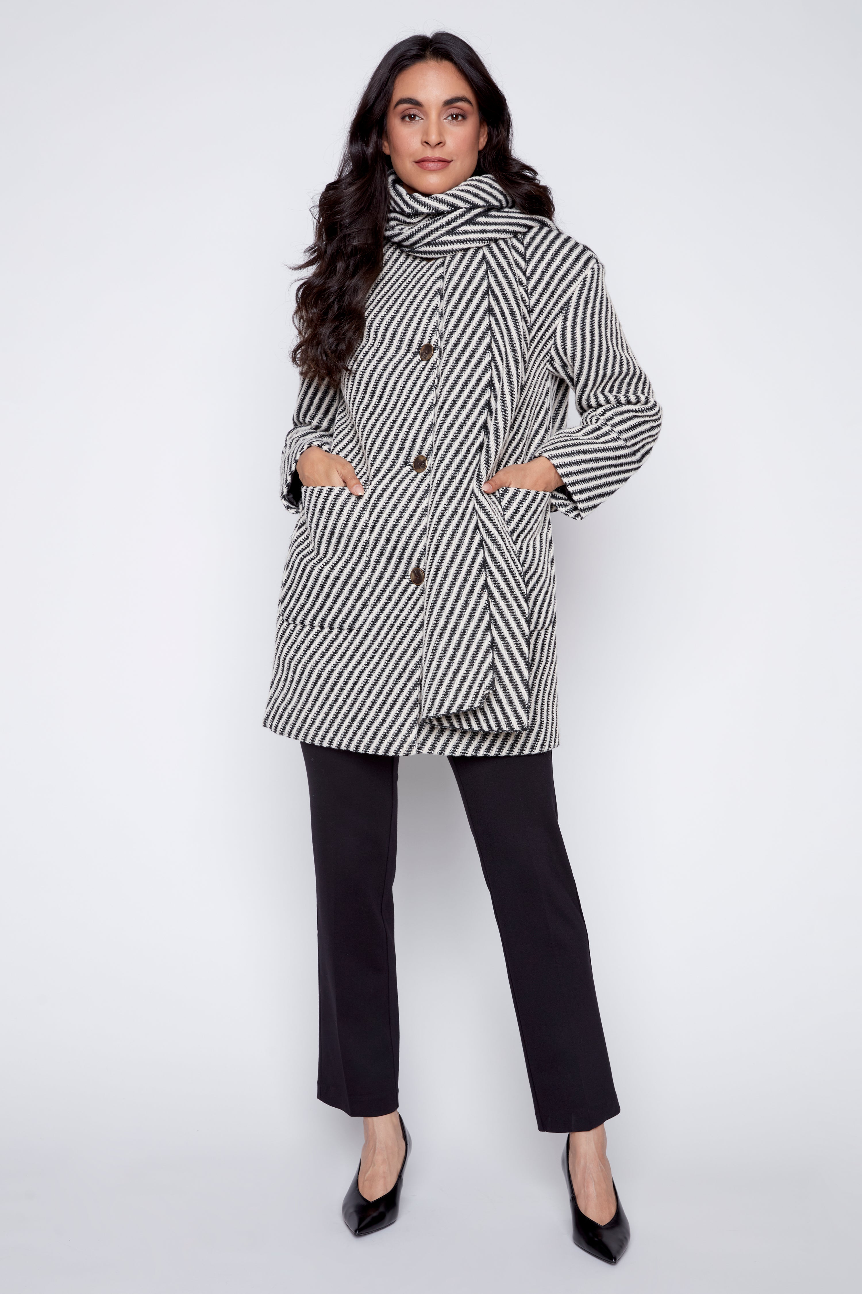 Textured coat with scarf