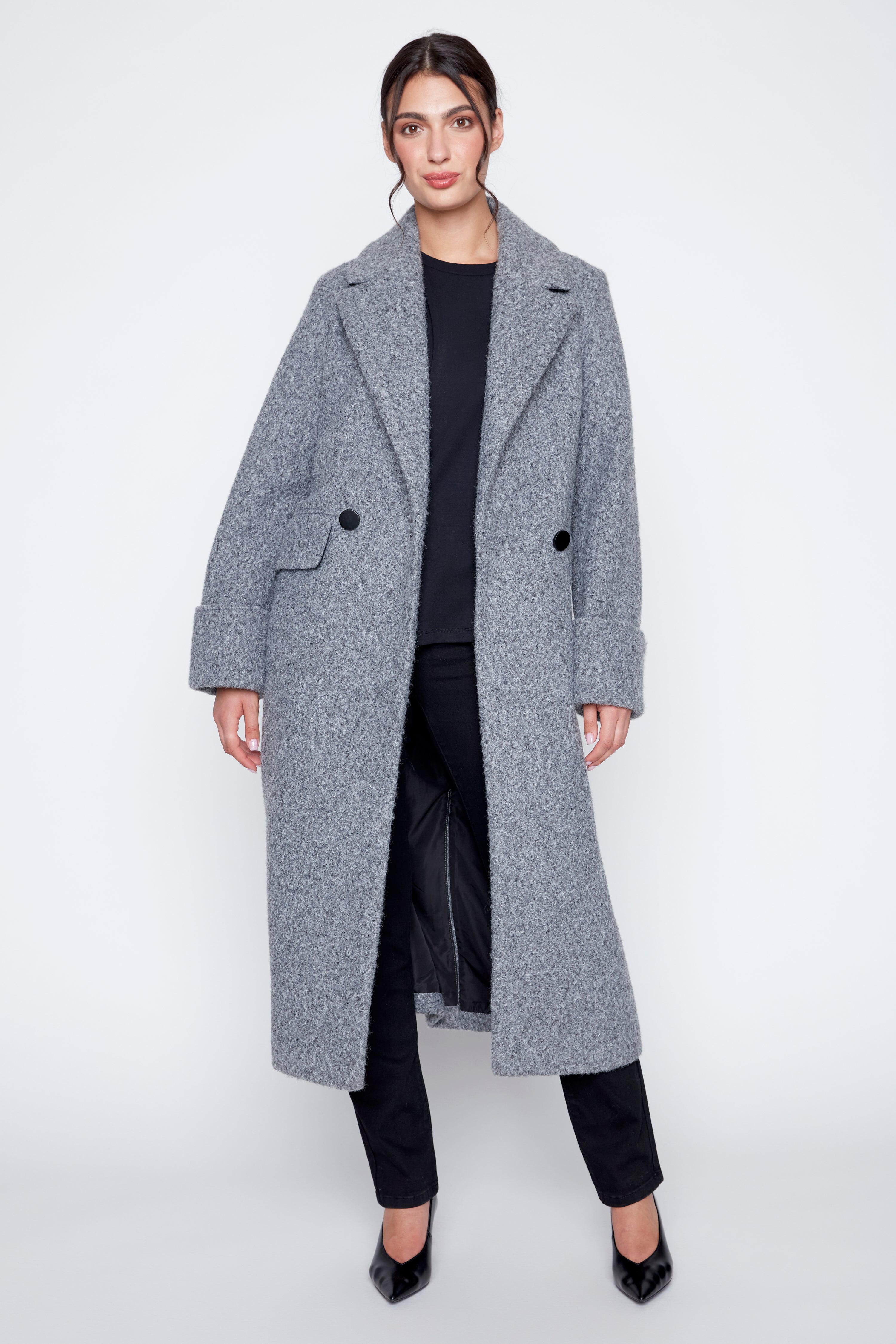 Solid boucle double breasted coat