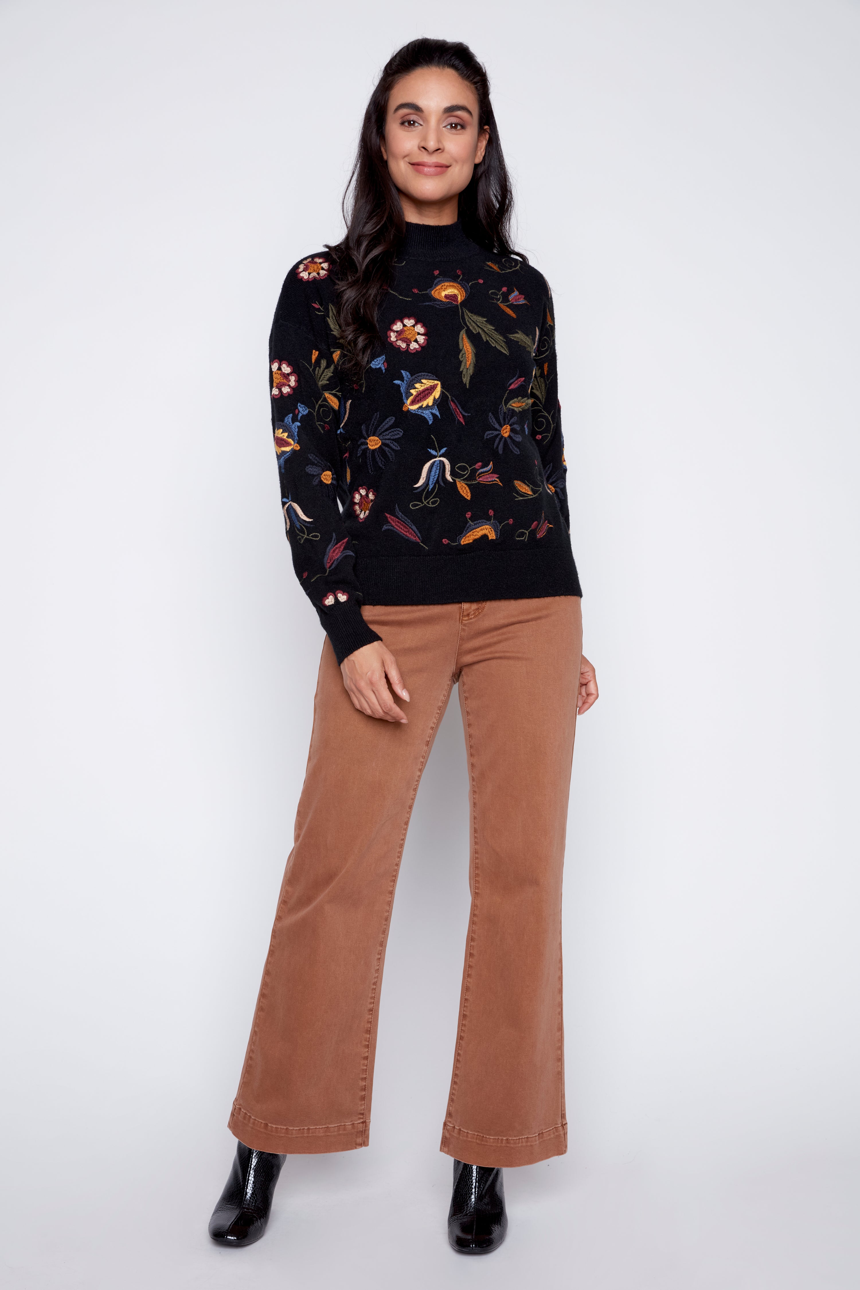 Floral leaf embroidery sweater