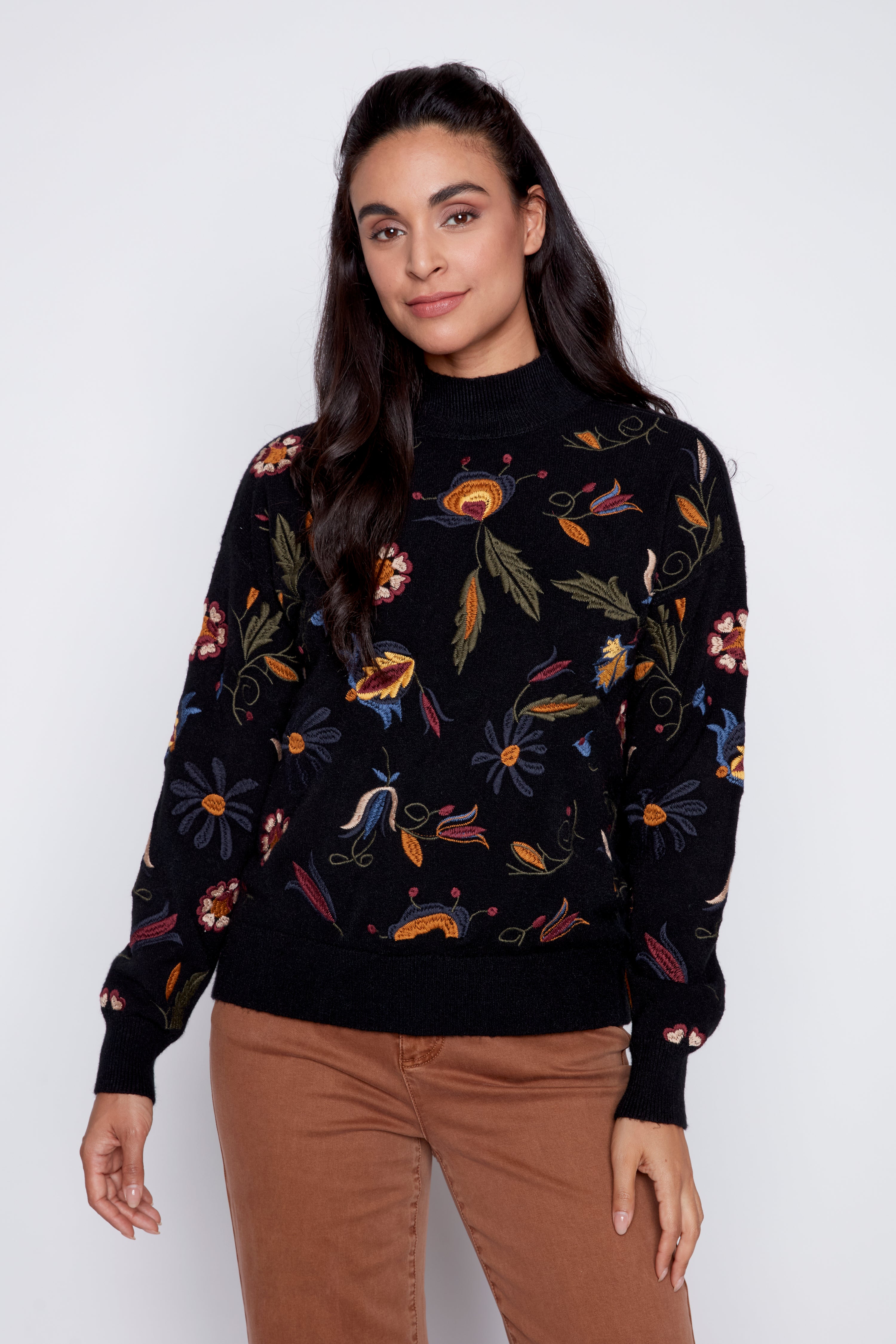 Floral leaf embroidery sweater