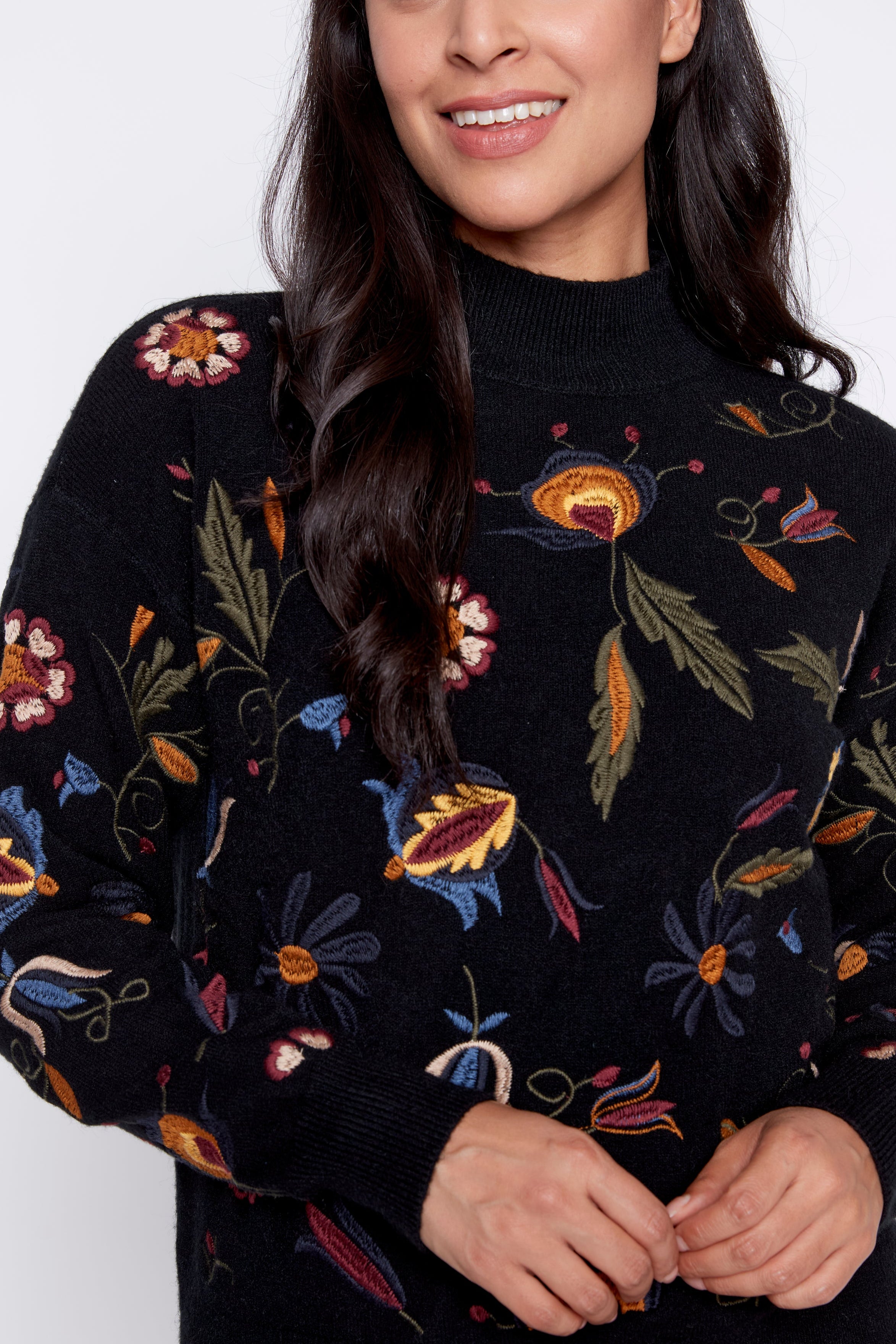 Floral leaf embroidery sweater