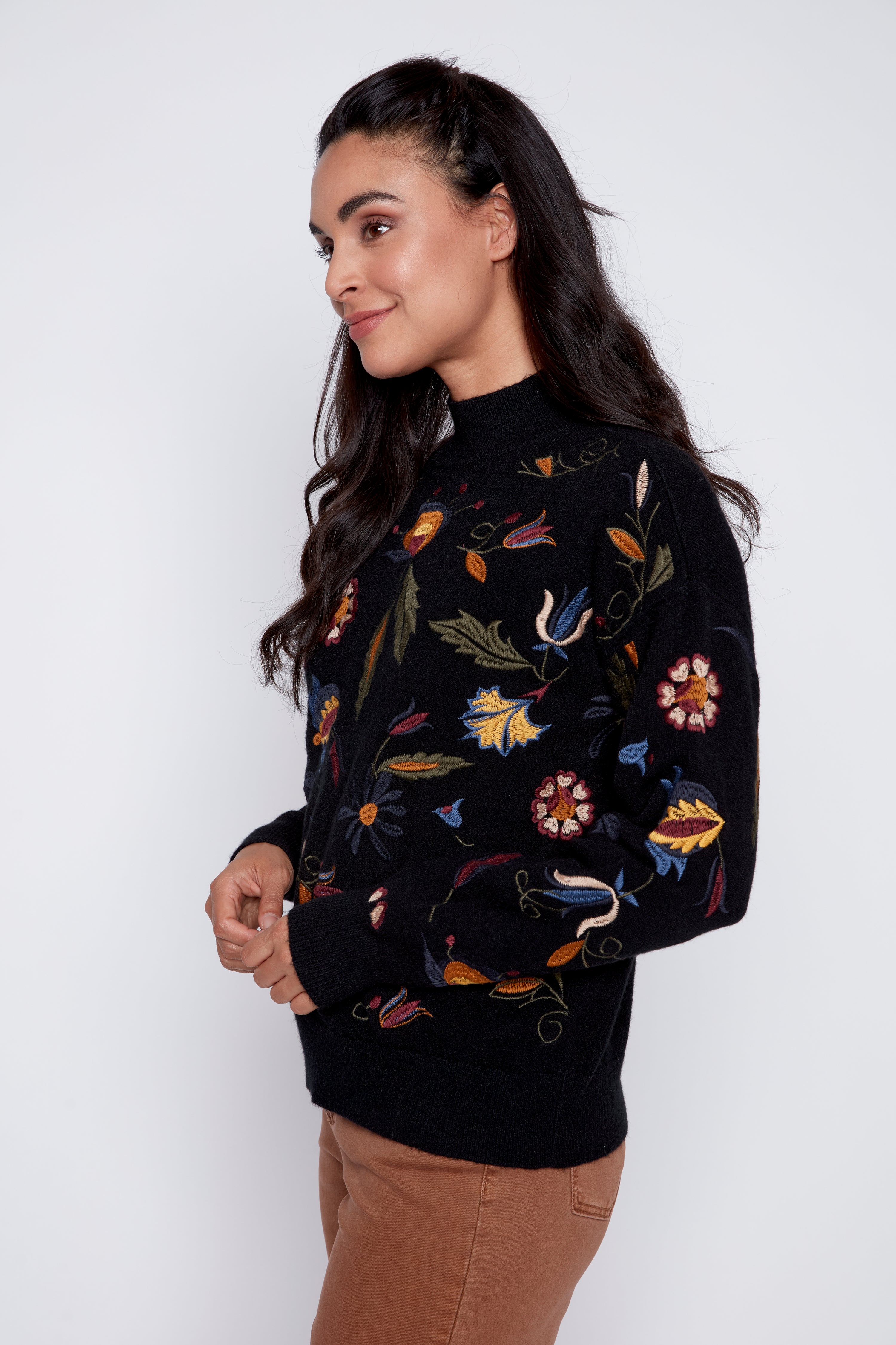 Floral leaf embroidery sweater