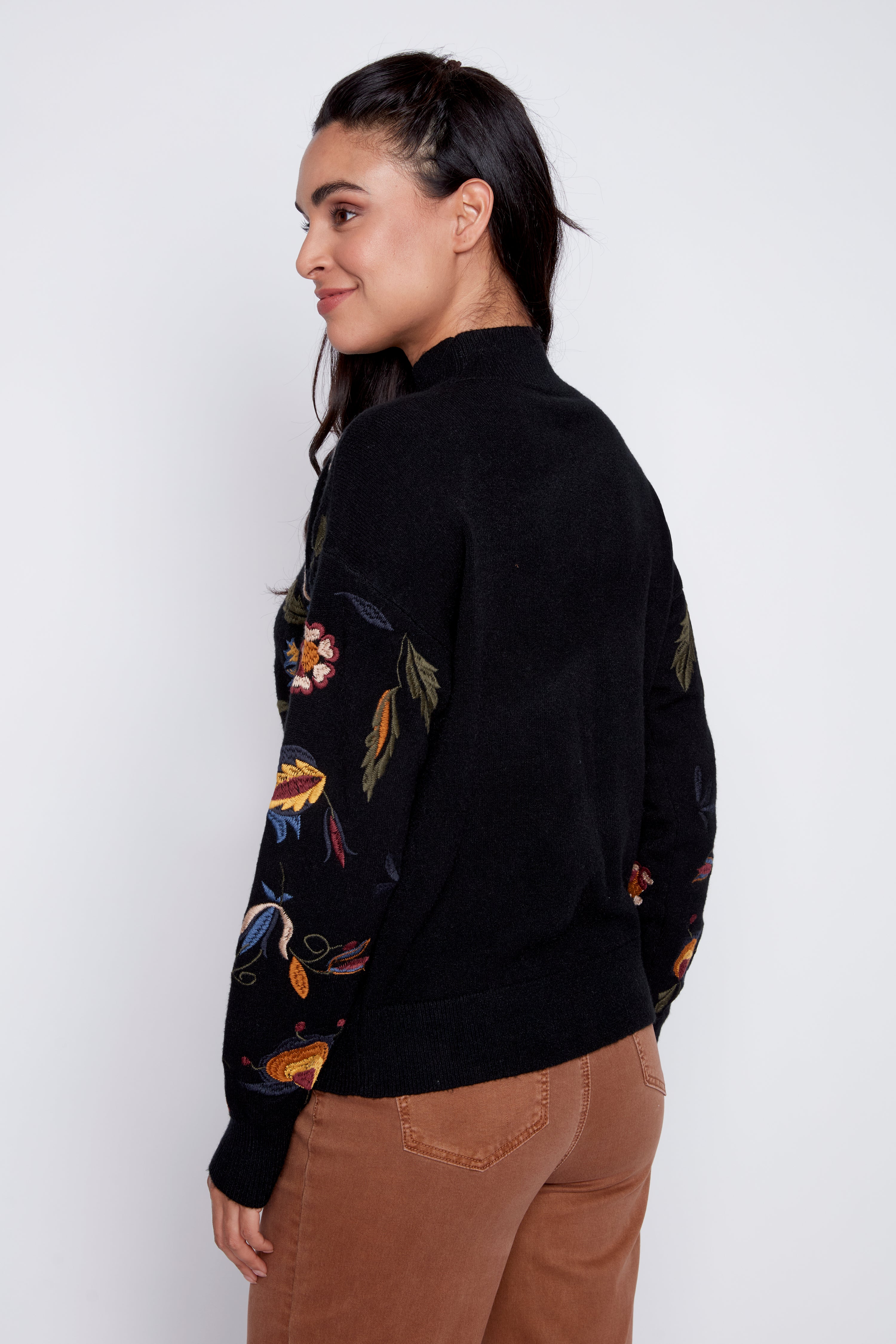 Floral leaf embroidery sweater
