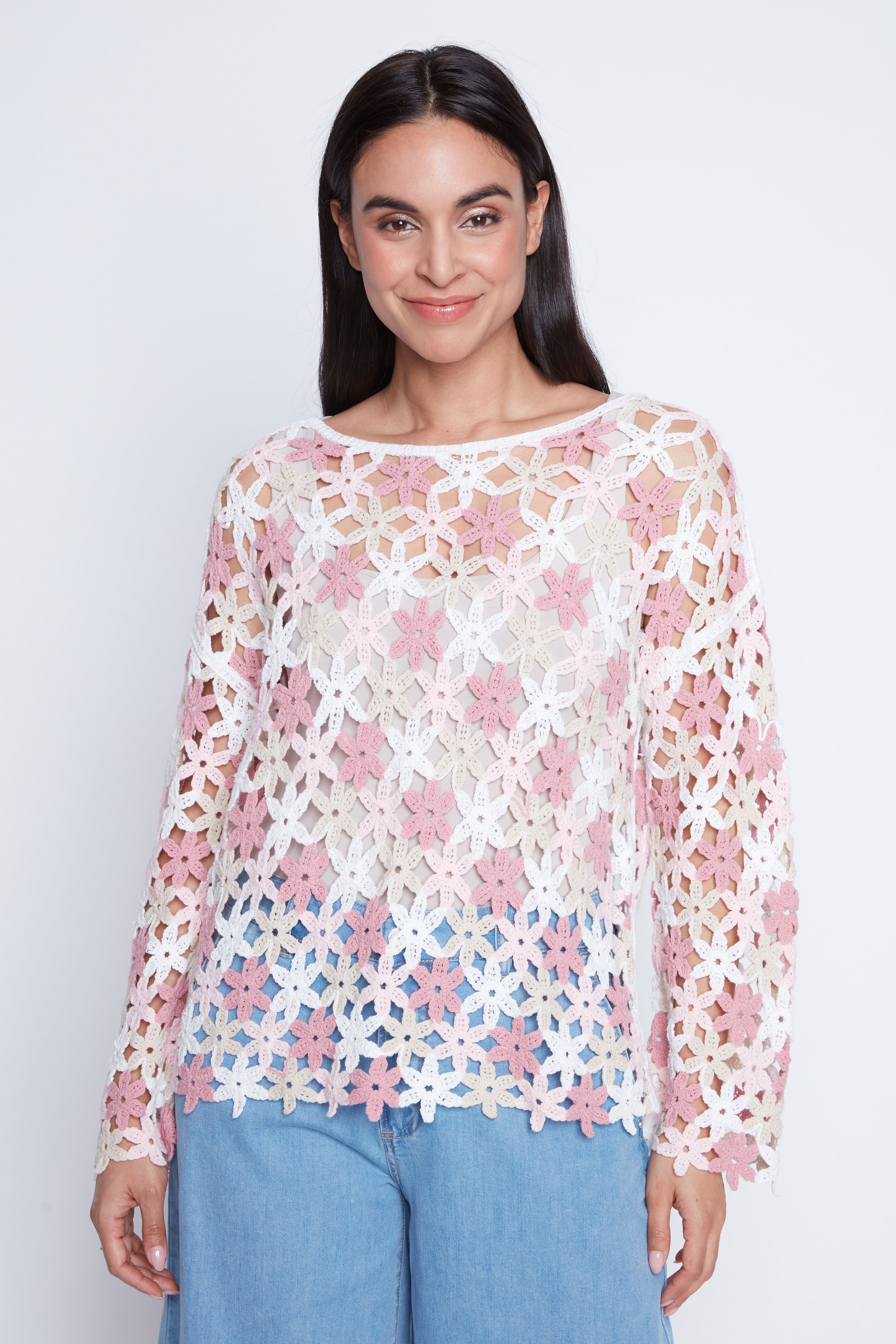 Bell sleeve floral crochet top