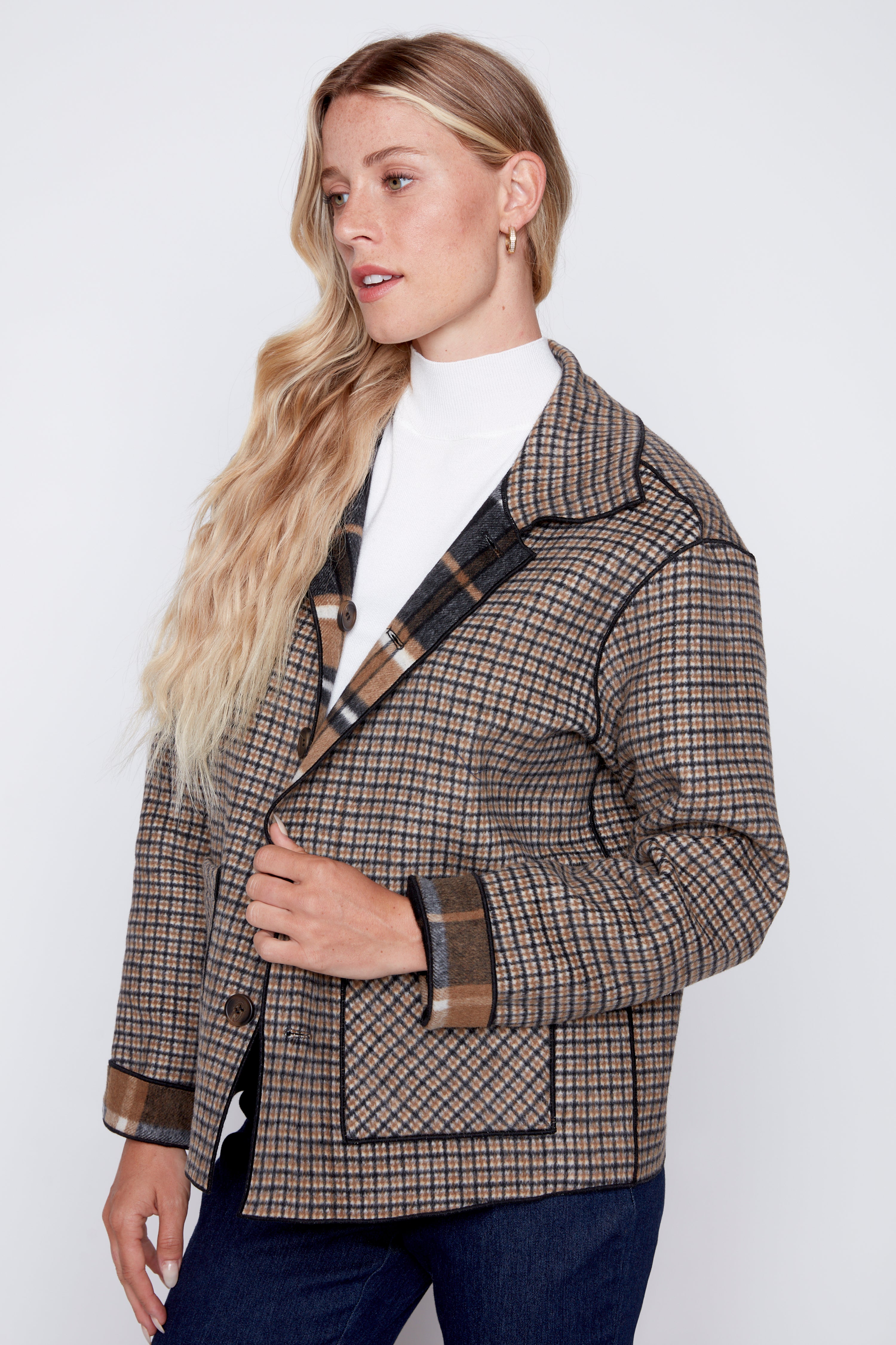Reversible plaid wool blend jacket
