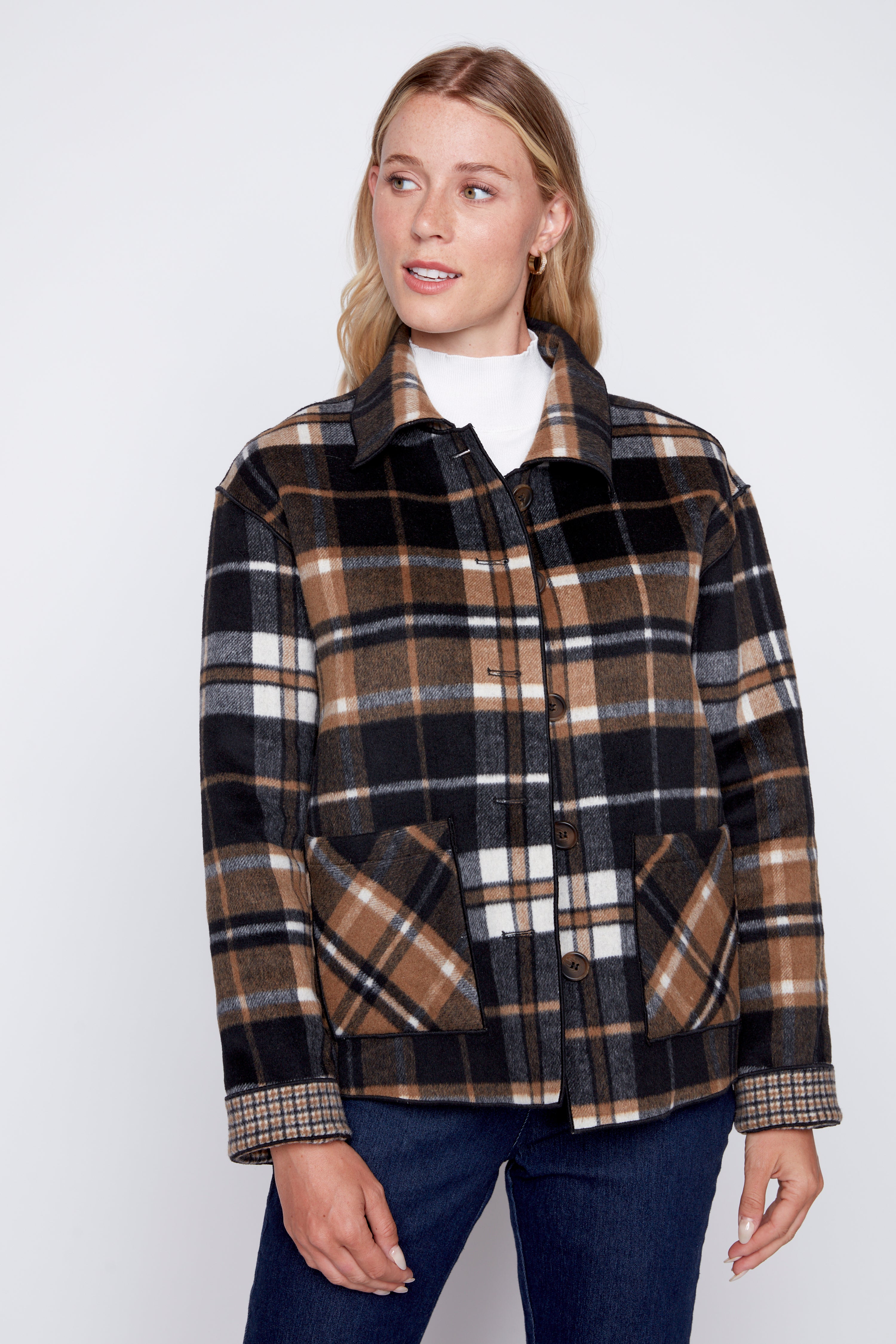Reversible plaid wool blend jacket