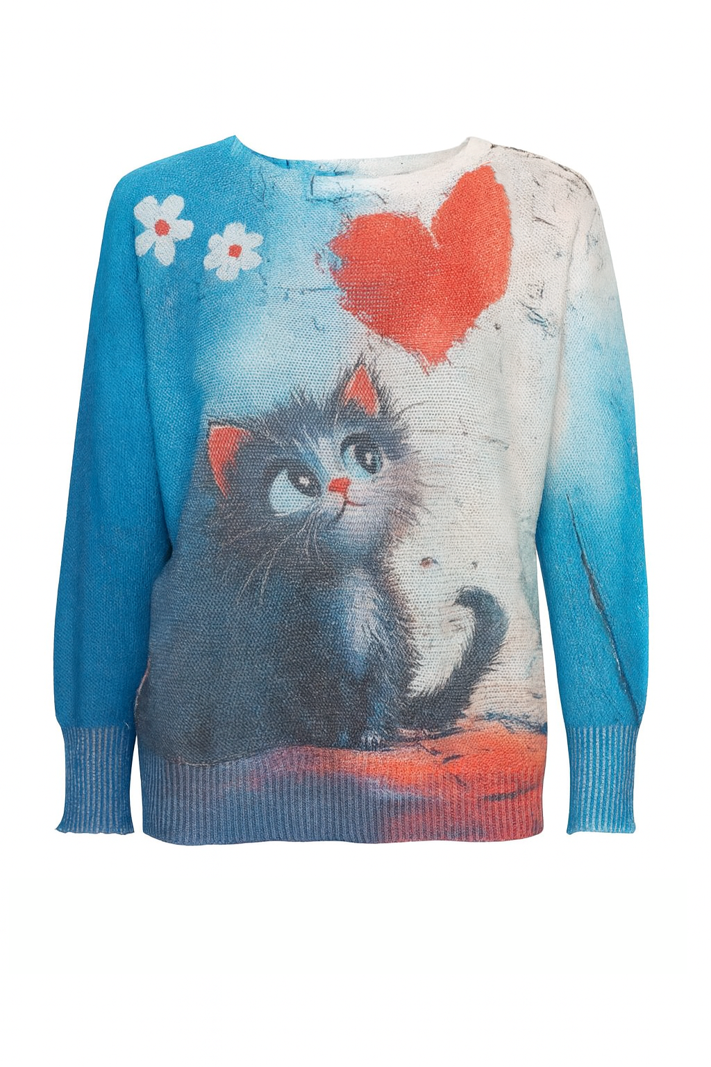 Le pull imprimé chaton et coeur